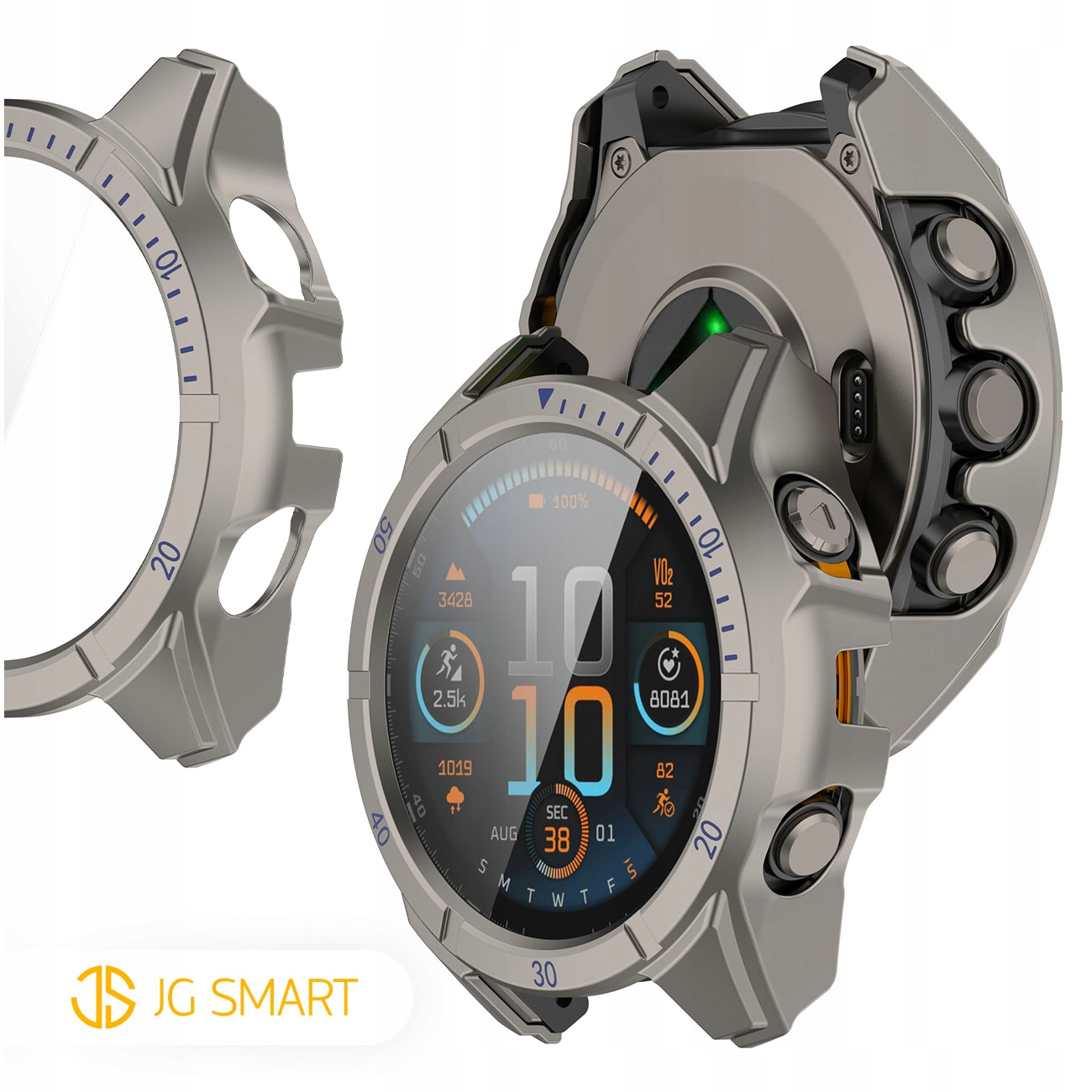 Szary smartwatch z srebrnymi akcesoriami. Wyświetla tętno, kroki i pogodę.