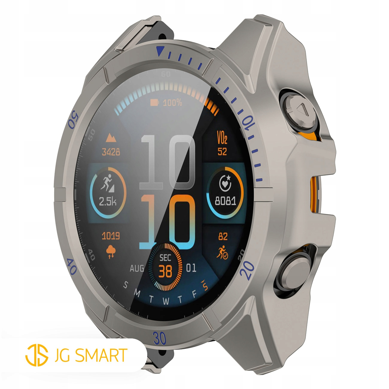 Srebrny smartwatch z szarą obudową i kolorowym wyświetlaczem pokazującym godzinę, kroki i tętno.