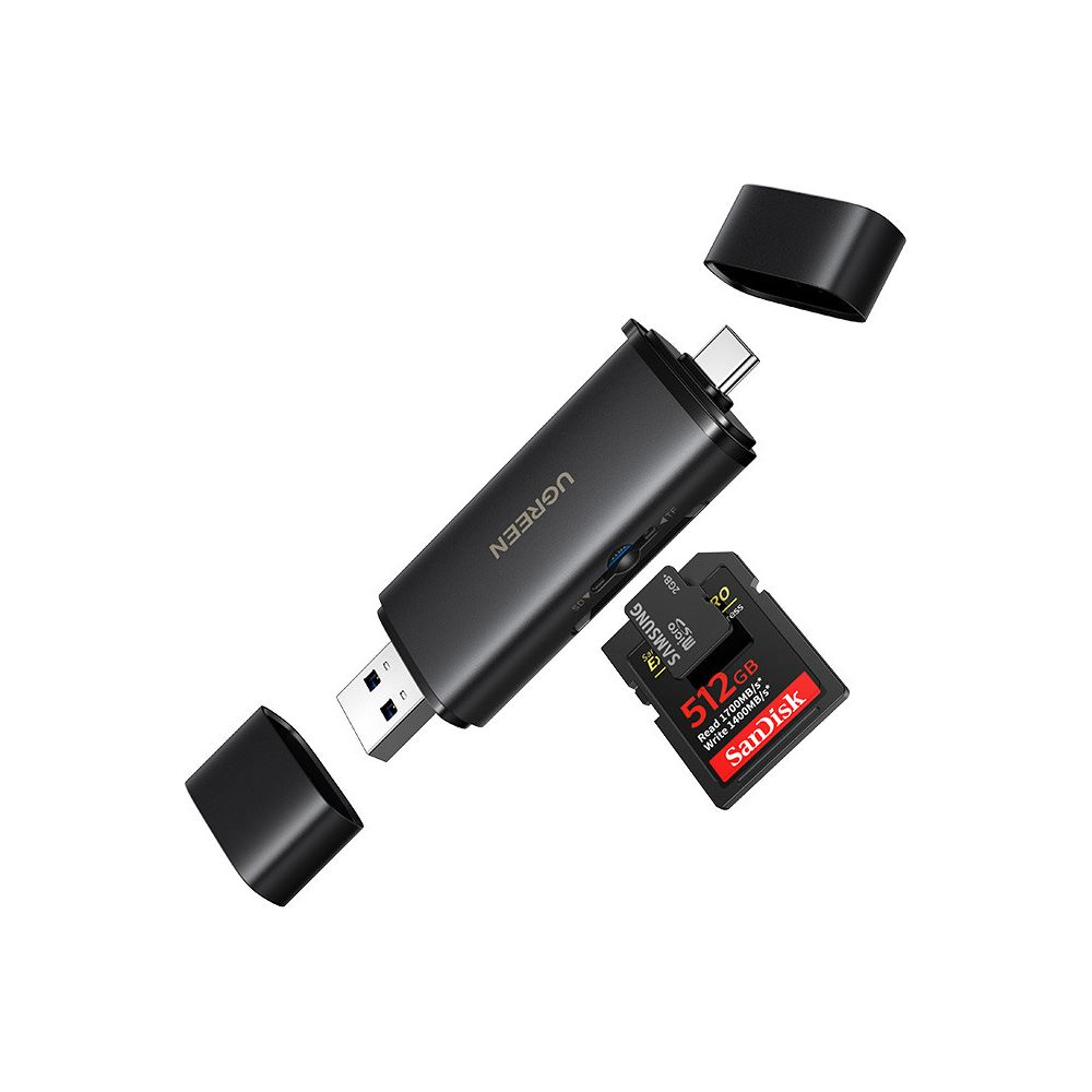 Ein schwarzer UGREEN USB-C-Stick mit abnehmbaren Kappen daneben, und eine SanDisk 512GB MicroSD-Karte.