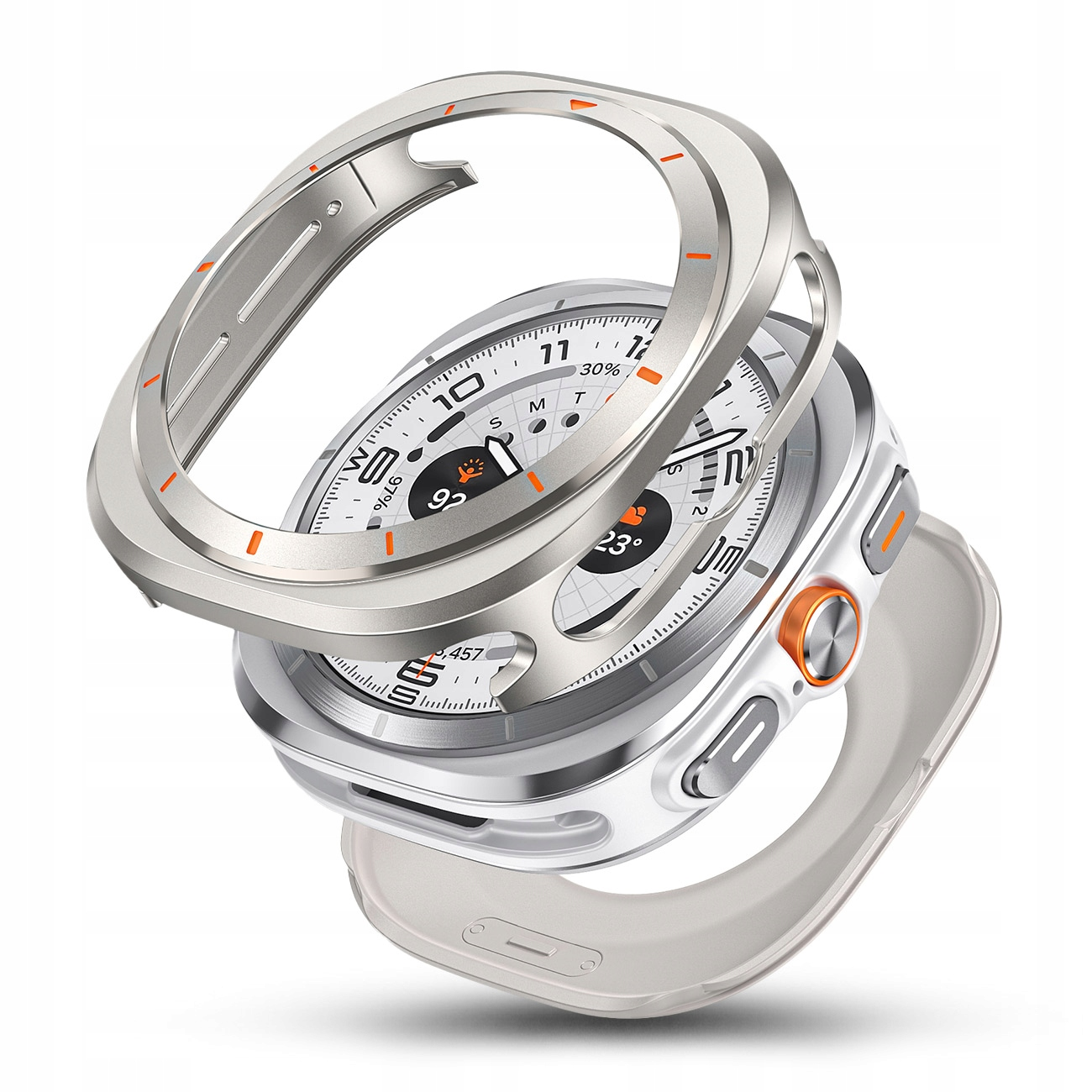 Srebrny i biały smartwatch z pomarańczowymi akcentami, pokazany w częściach.