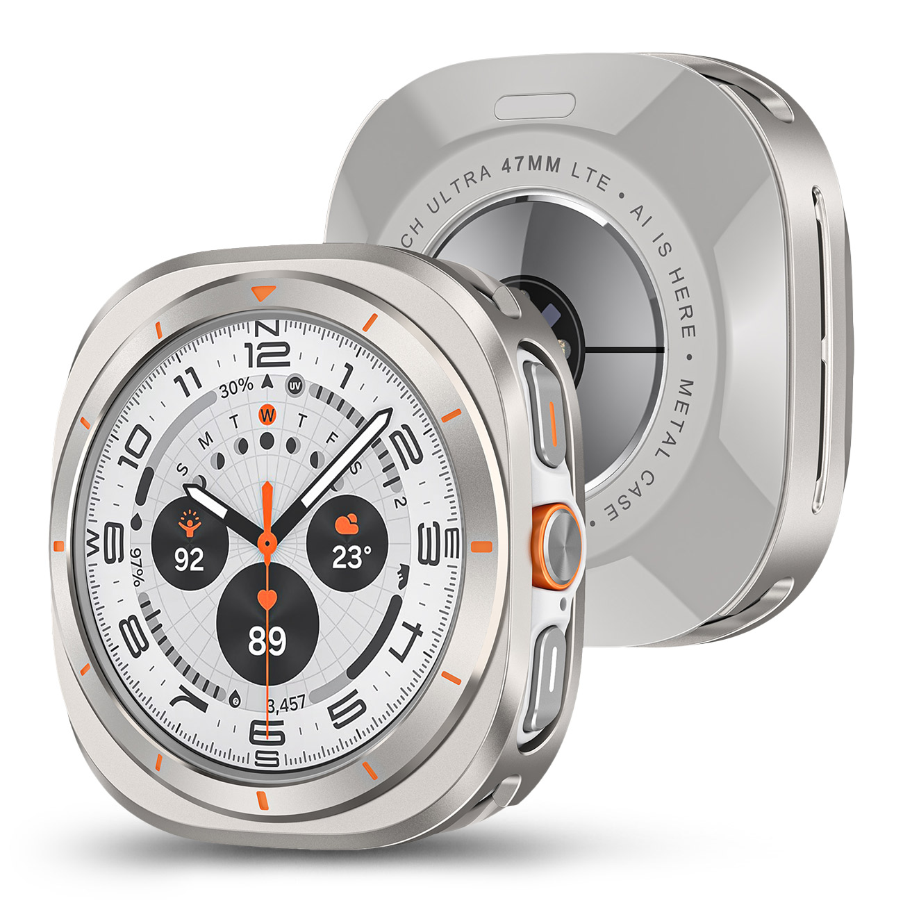 Srebrny smartwatch z białą tarczą, pomarańczowymi akcentami i obok etui ochronne.