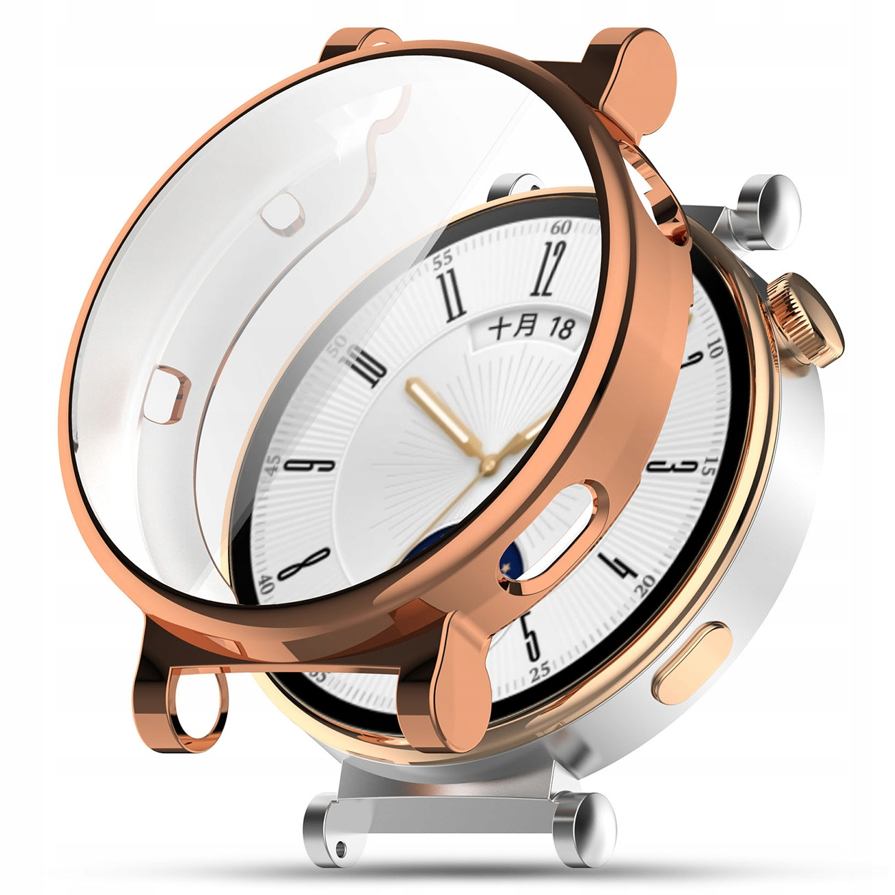 Różowo-złota obudowa ochronna na białym smartwatchu ze złotymi wskazówkami.