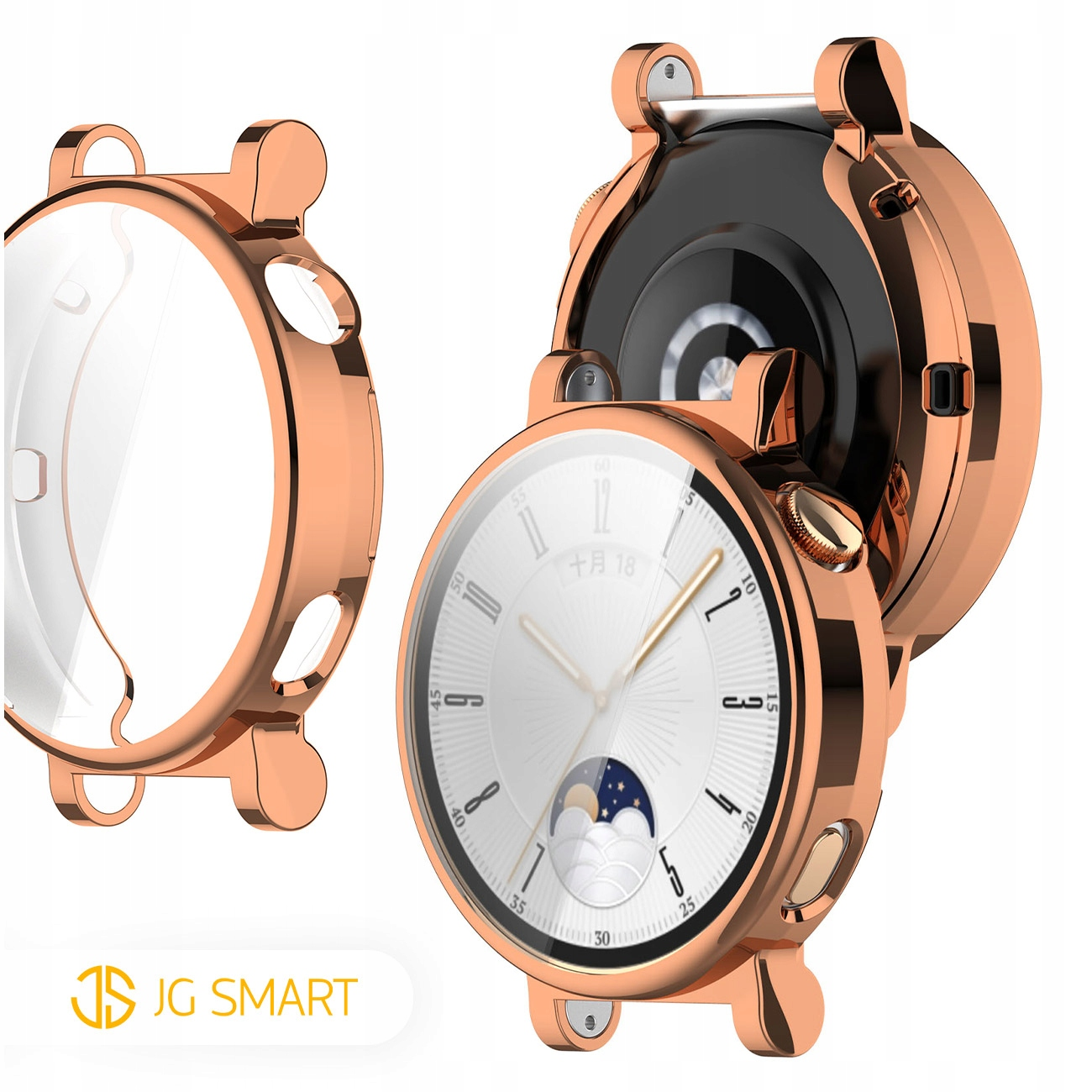 Różowo-złote etui i smartwatch z białym cyferblatem.