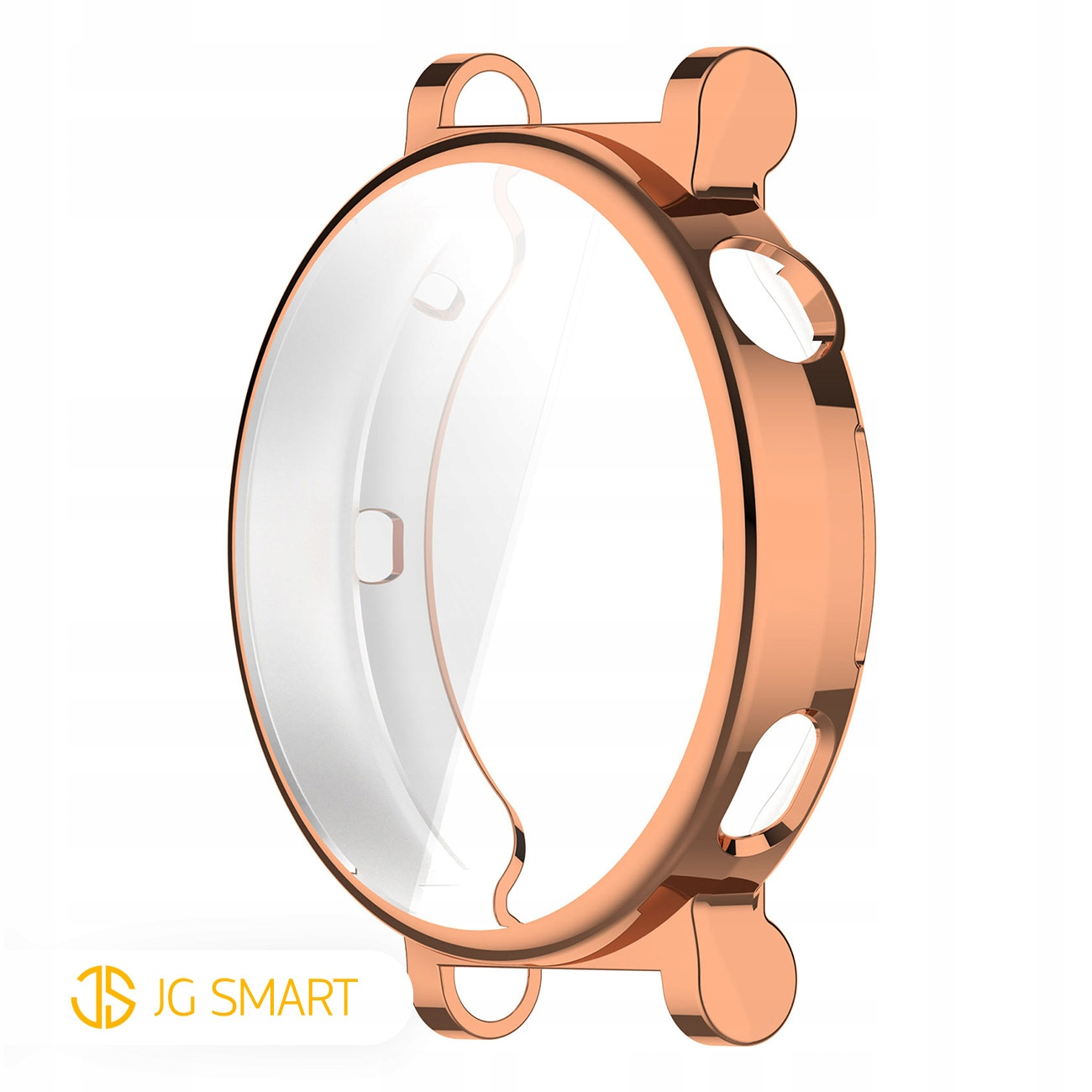 Różowo-złota obudowa ochronna smartwatch z wycięciami na przyciski i paski.