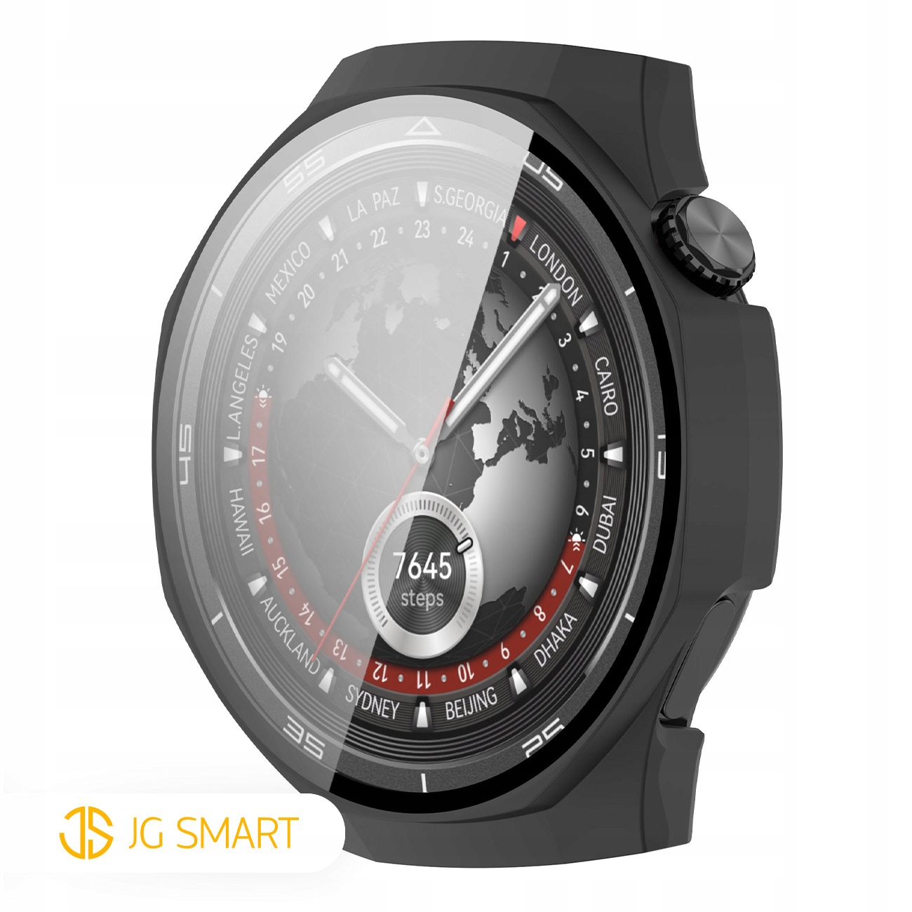 Czarny smartwatch z tarczą mapy świata, nazwami miast i 7645 krokami.
