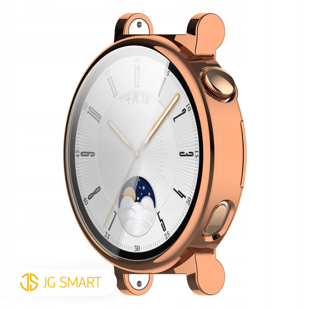 Różowo-złoty smartwatch z białym cyferblatem i fazami księżyca.