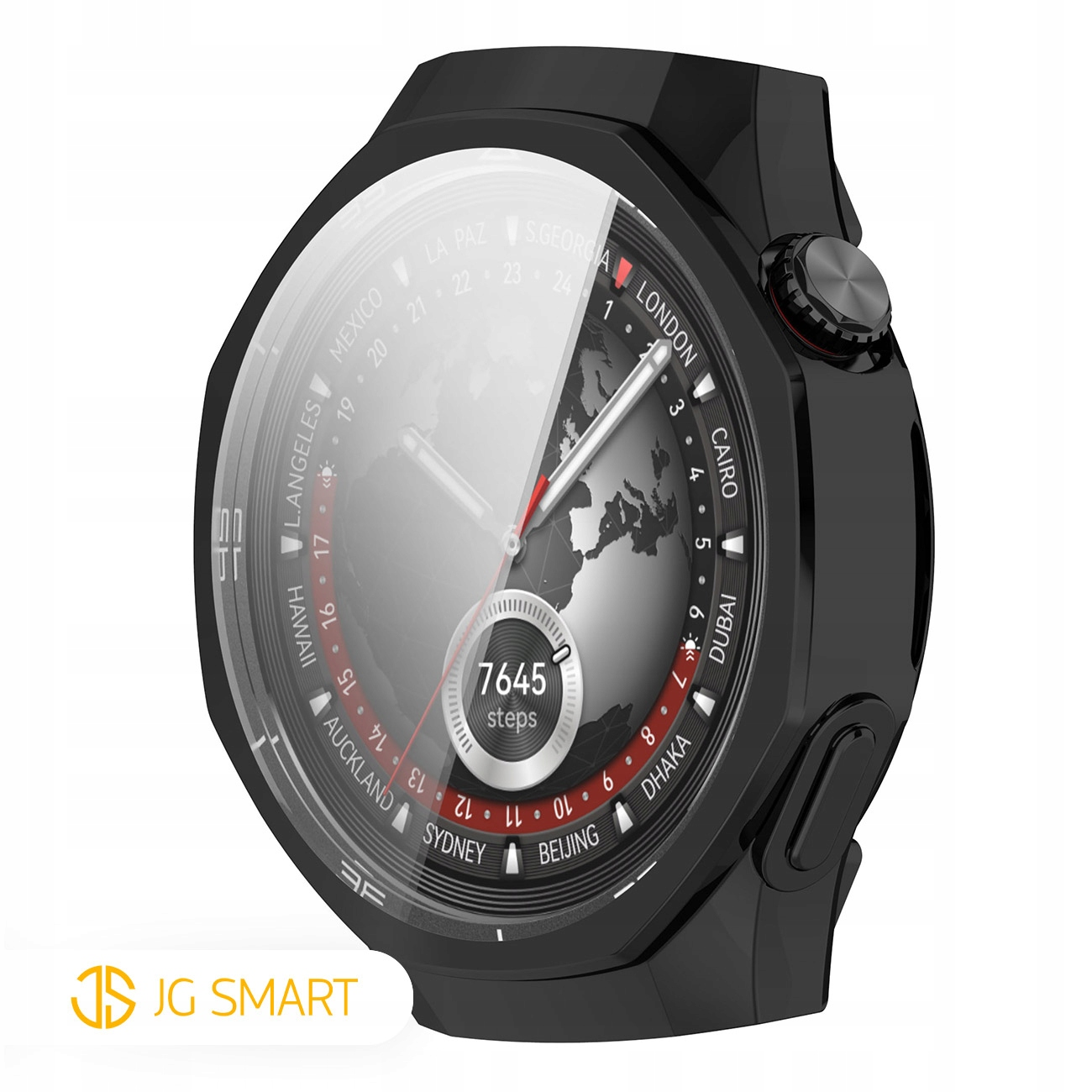 Czarny smartwatch z wyświetlaniem czasu światowego i 7645 krokami.
