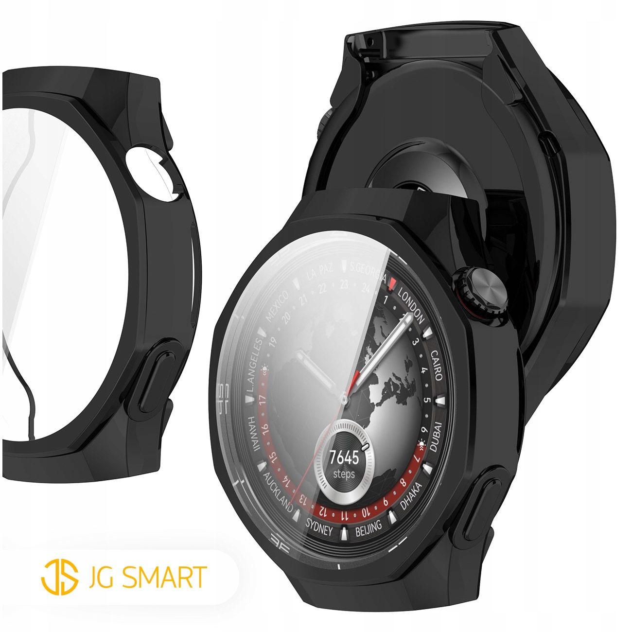 Czarny smartwatch z tarczą mapy świata, 7645 kroków.