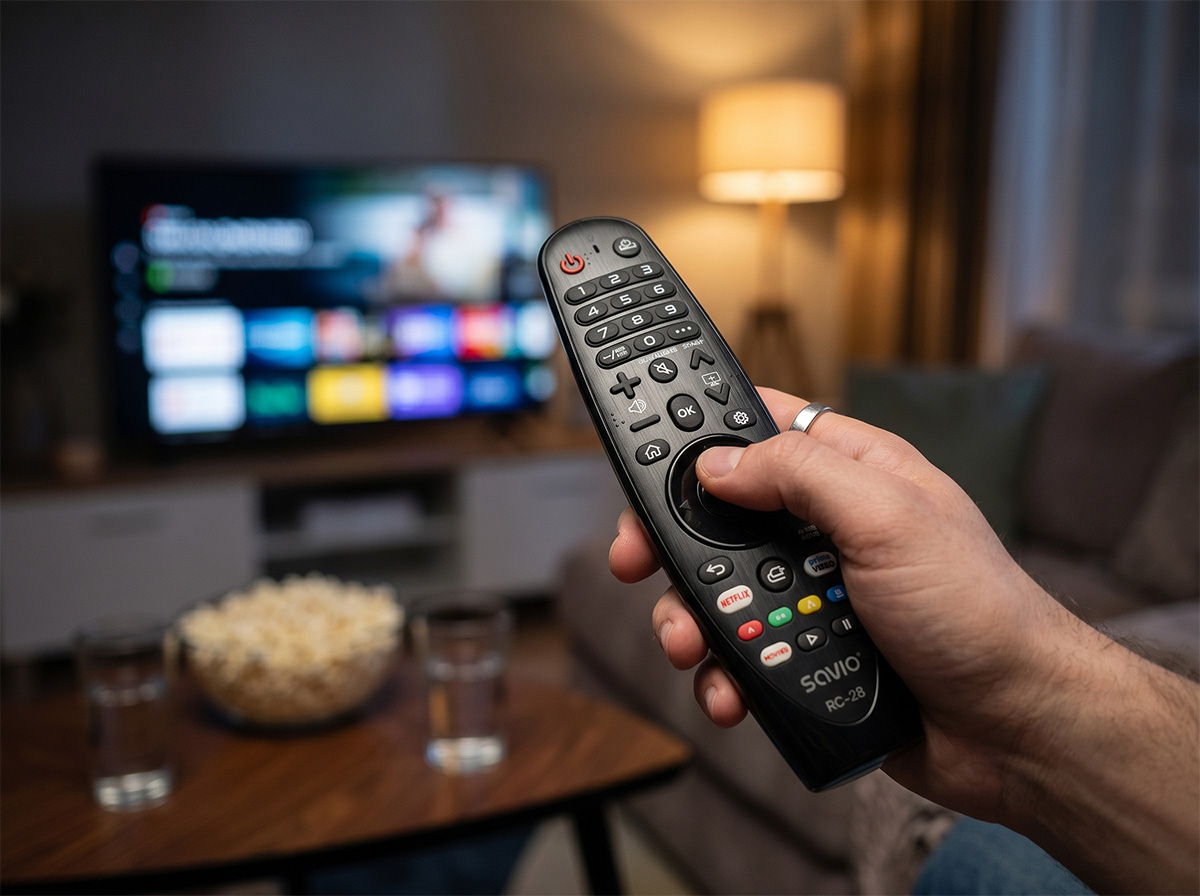 Dłoń trzymająca pilot, w tle telewizor, popcorn i napoje.