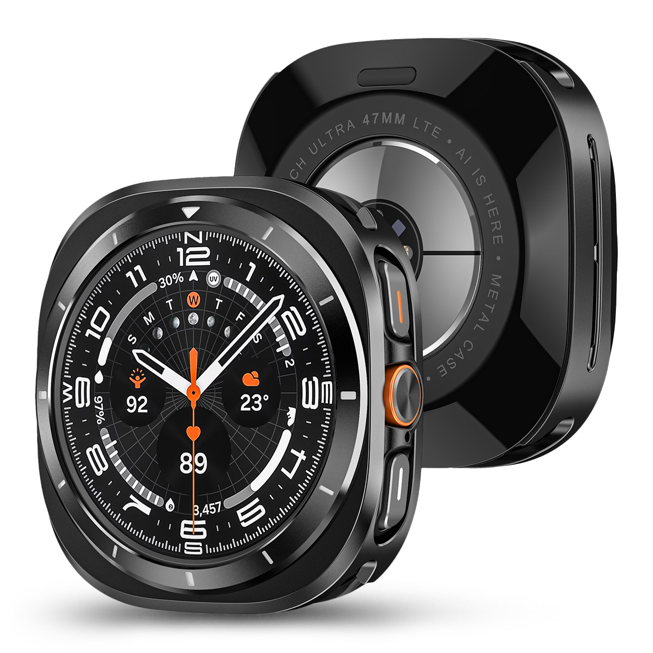 Czarny smartwatch ze srebrnymi wskazówkami i pomarańczowymi akcentami, na białym tle.