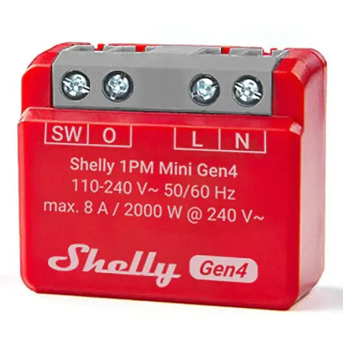 Beyaz etiketli, vidalı klemensli kırmızı bir Shelly 1PM Mini Gen4 cihazı.