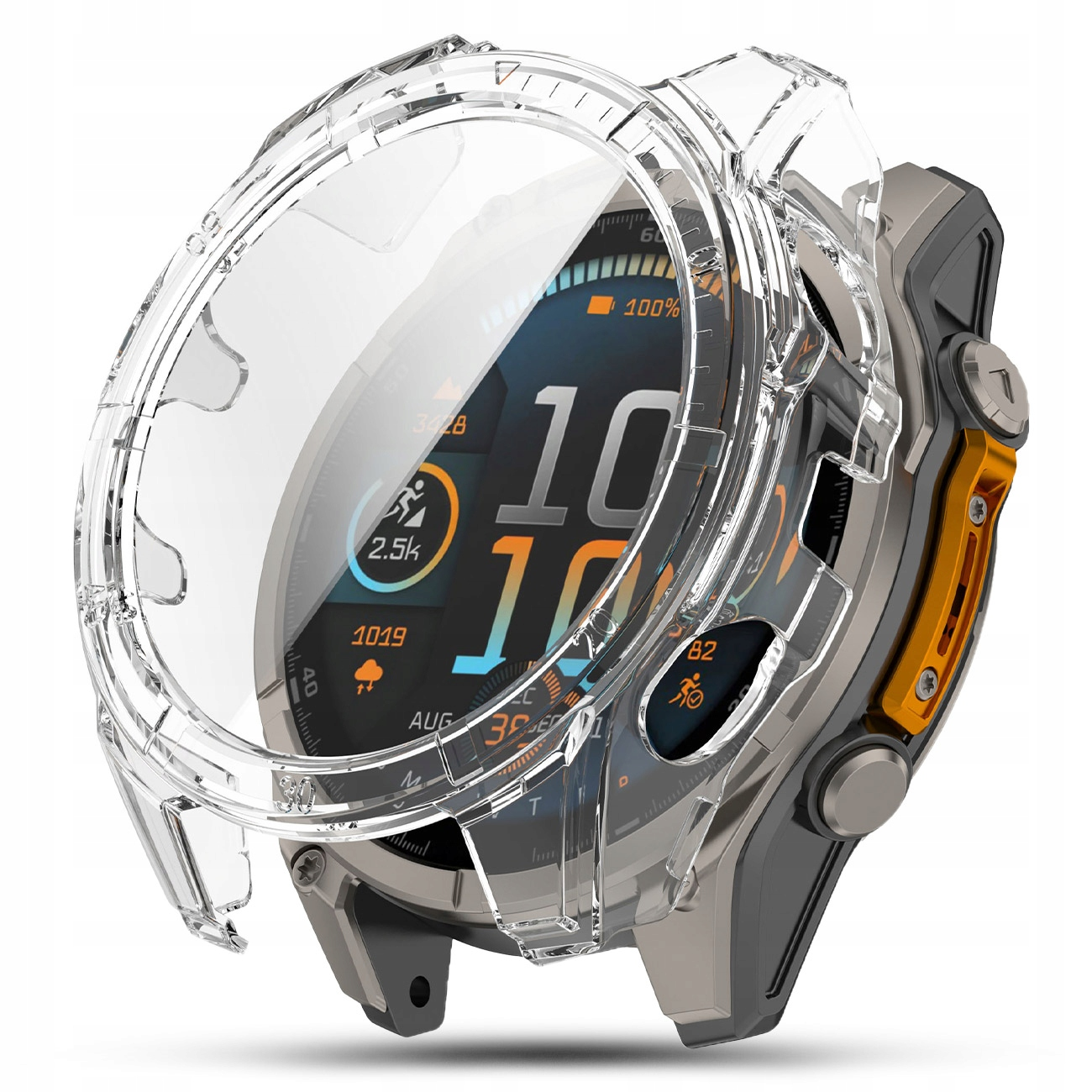 Zegarek smartwatch z przezroczystą obudową ochronną, wyświetlający godzinę i dane aktywności.