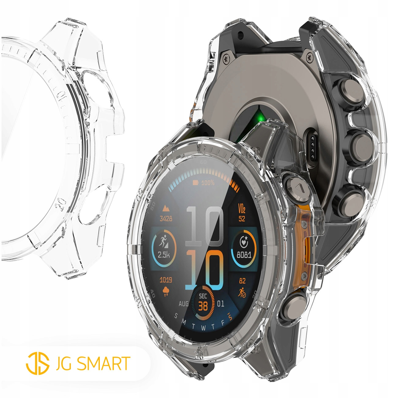 Przezroczyste etui ochronne zakrywa smartwatch wyświetlający czas, kroki i tętno.