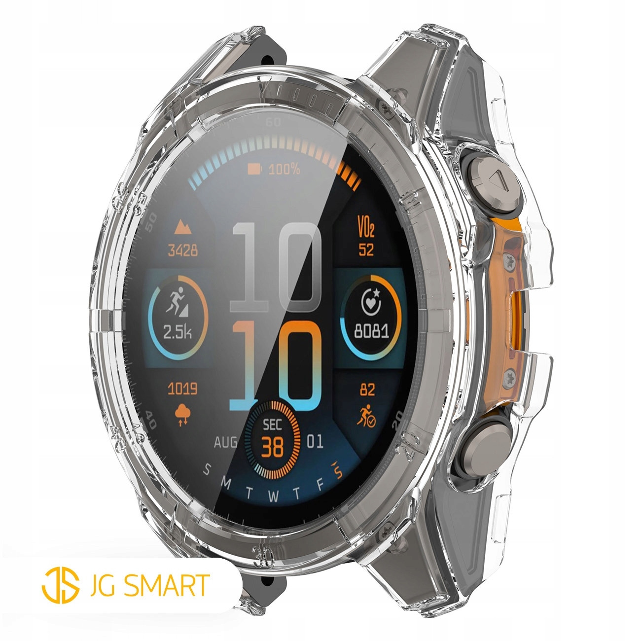 Przezroczysta obudowa ochronna zakrywa smartwatch wyświetlający godzinę, kroki i VO2 max.