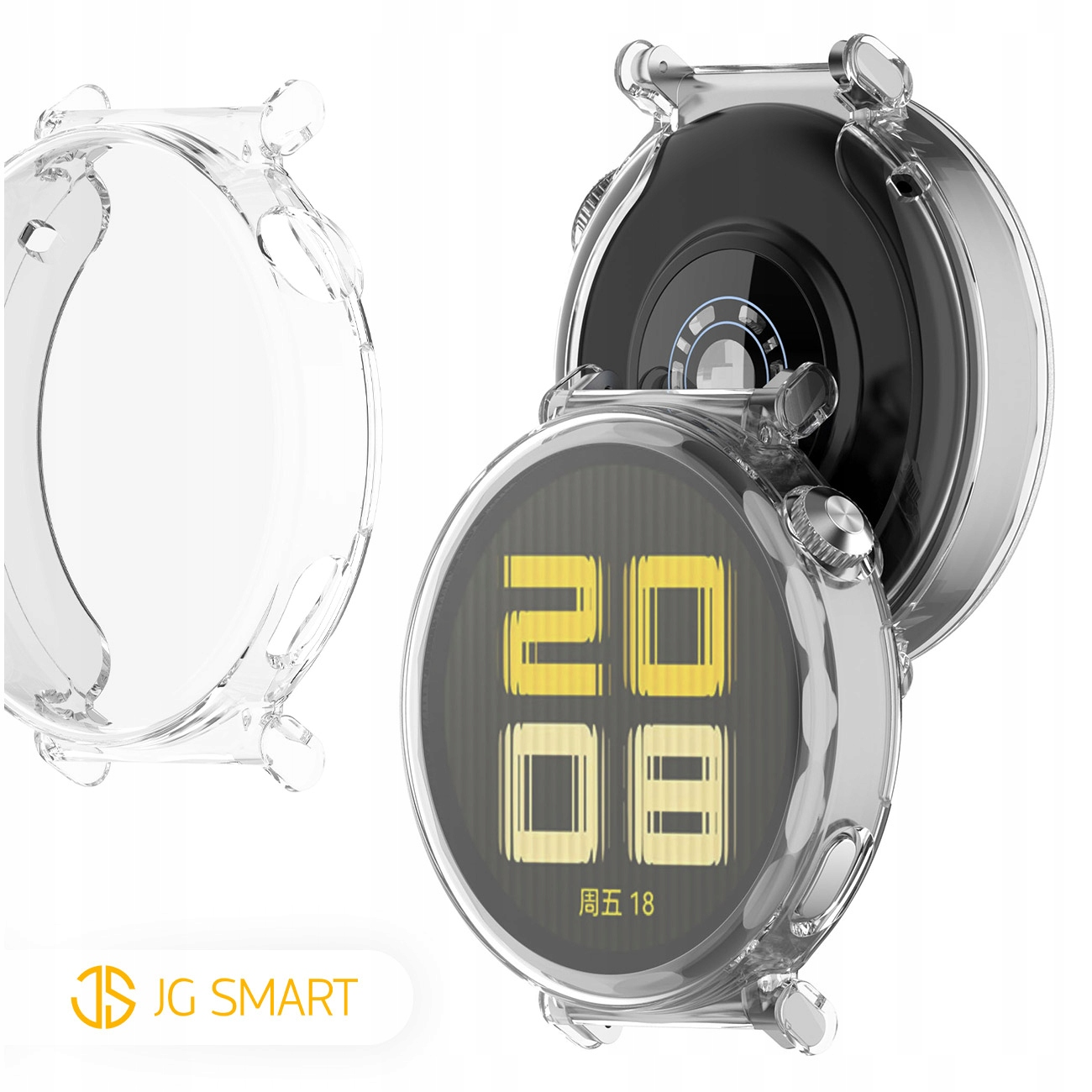 Przezroczyste etui ochronne na okrągły smartwatch z srebrnymi przyciskami.