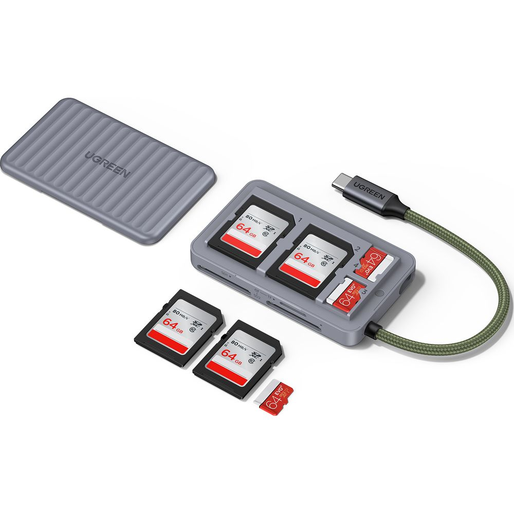Czytnik kart UGREEN z kartami SD i MicroSD w kolorze szarym i zielonym.