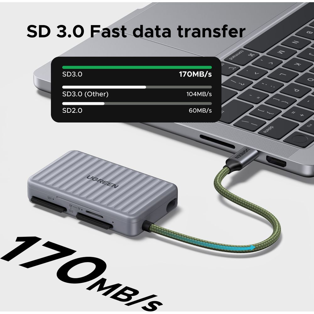 Czytnik kart SD podłączony do laptopa, pokazujący prędkość 170 MB/s.