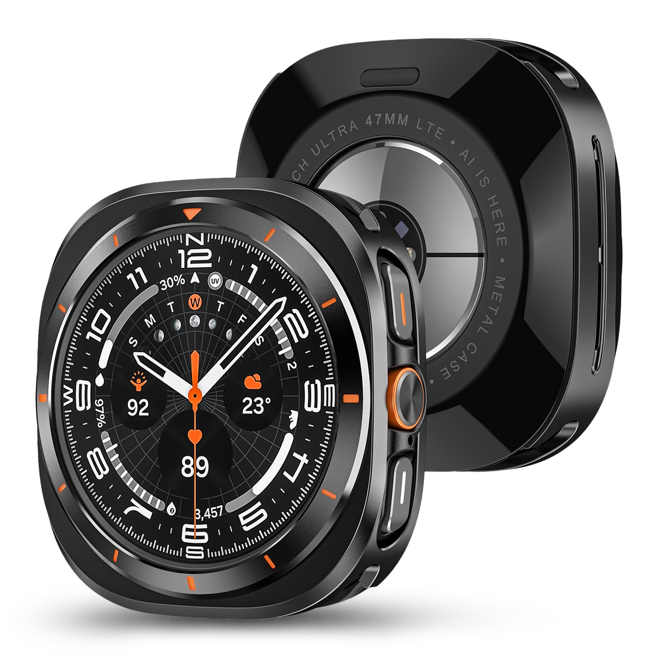 Czarne etui na smartwatch z okrągłą tarczą cyfrową i metalowym tyłem.