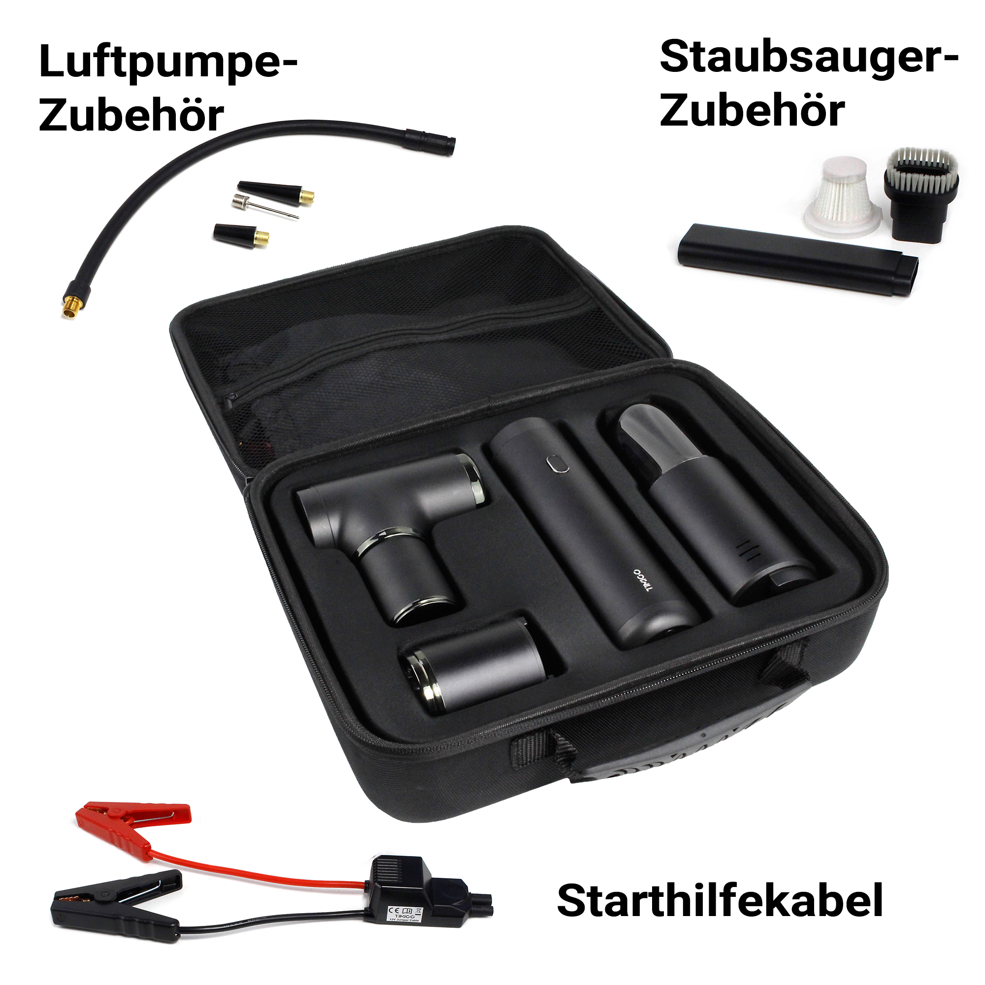 Ein schwarzes Etui mit Werkzeugen für Luftpumpe, Staubsauger und Starthilfekabel.