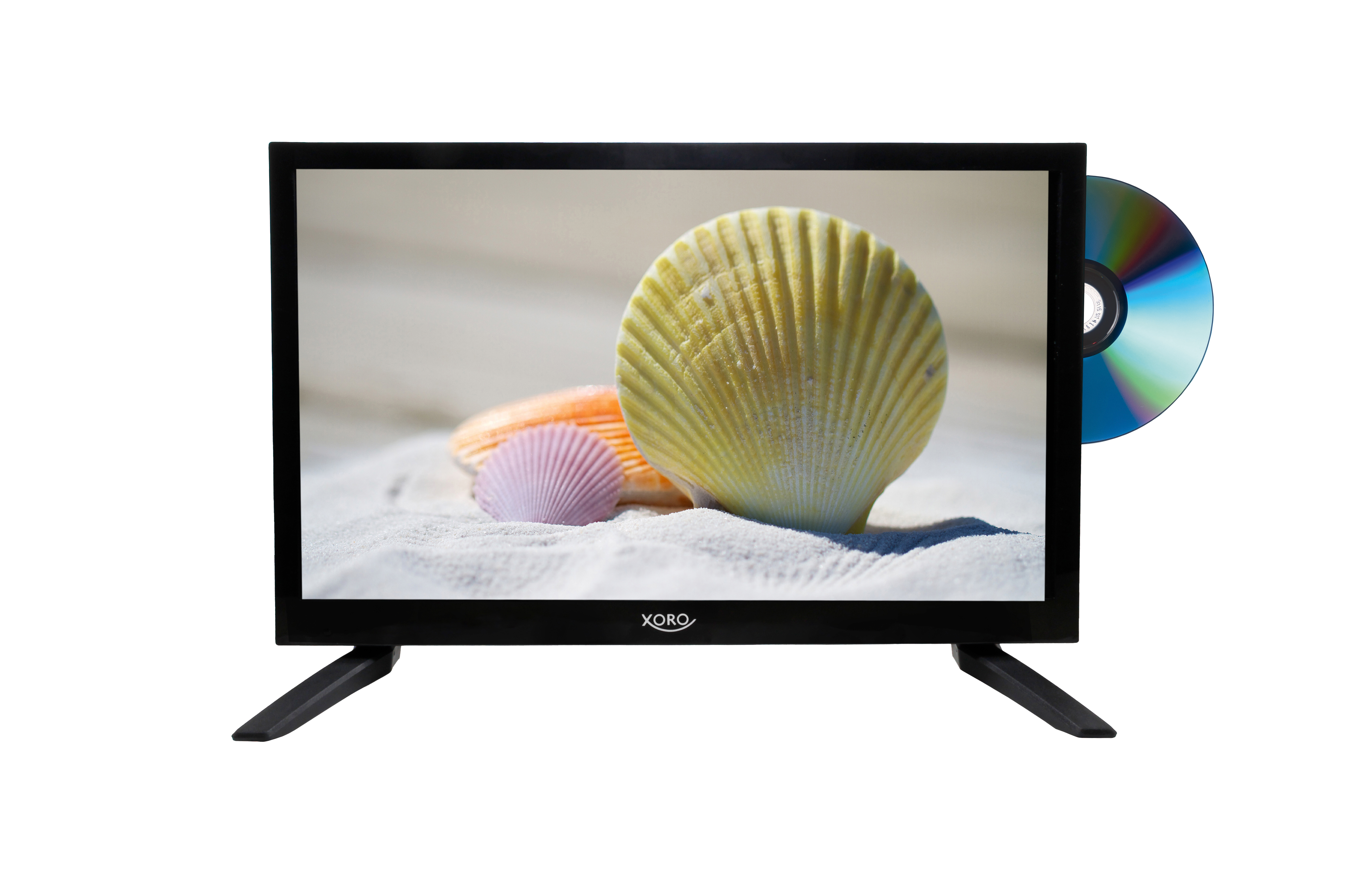 Ein Fernseher mit Muscheln und einer CD auf dem Bildschirm.