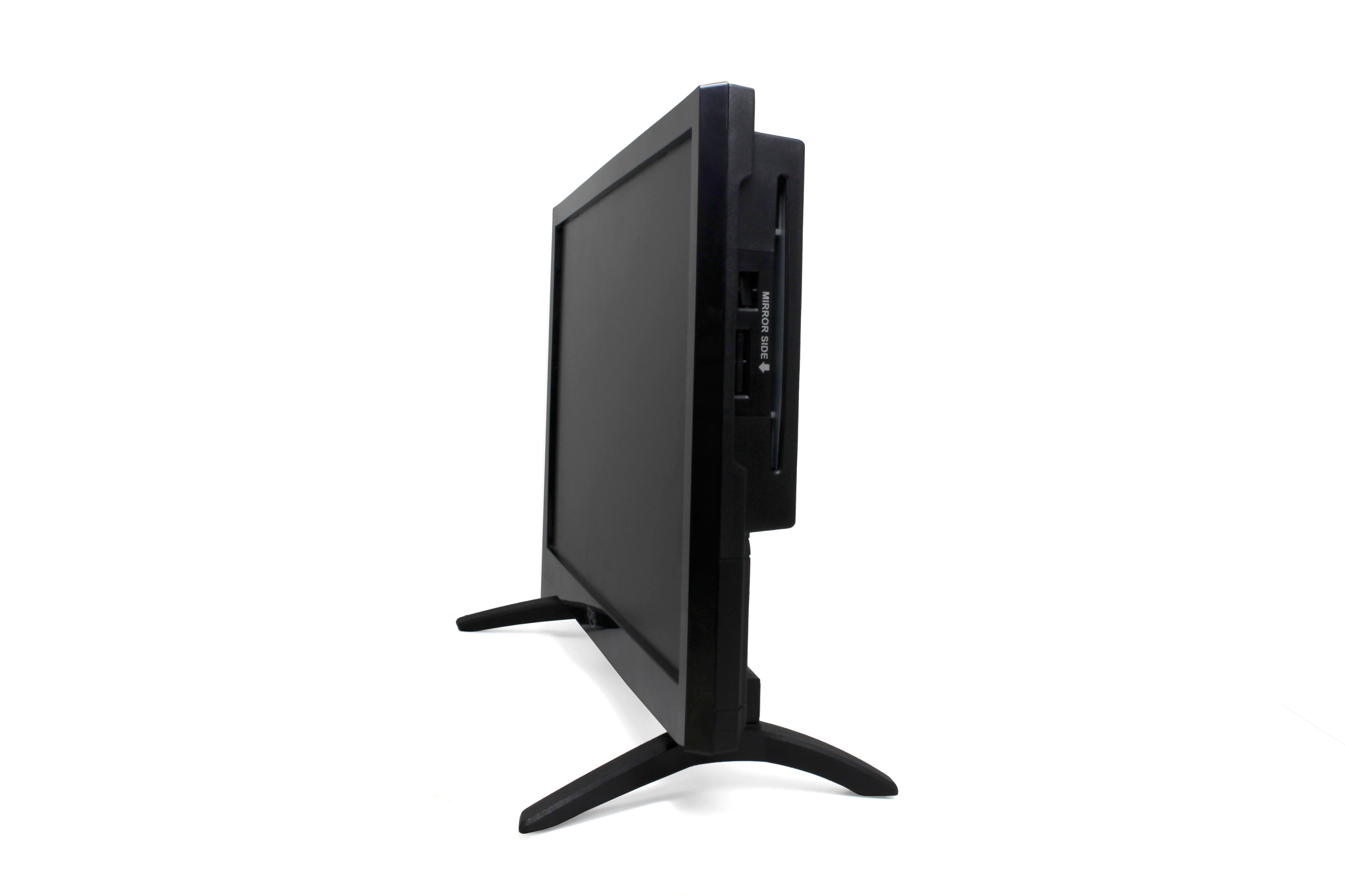 Schwarzer Fernseher mit zwei Standfüßen, von der Seite gezeigt.
