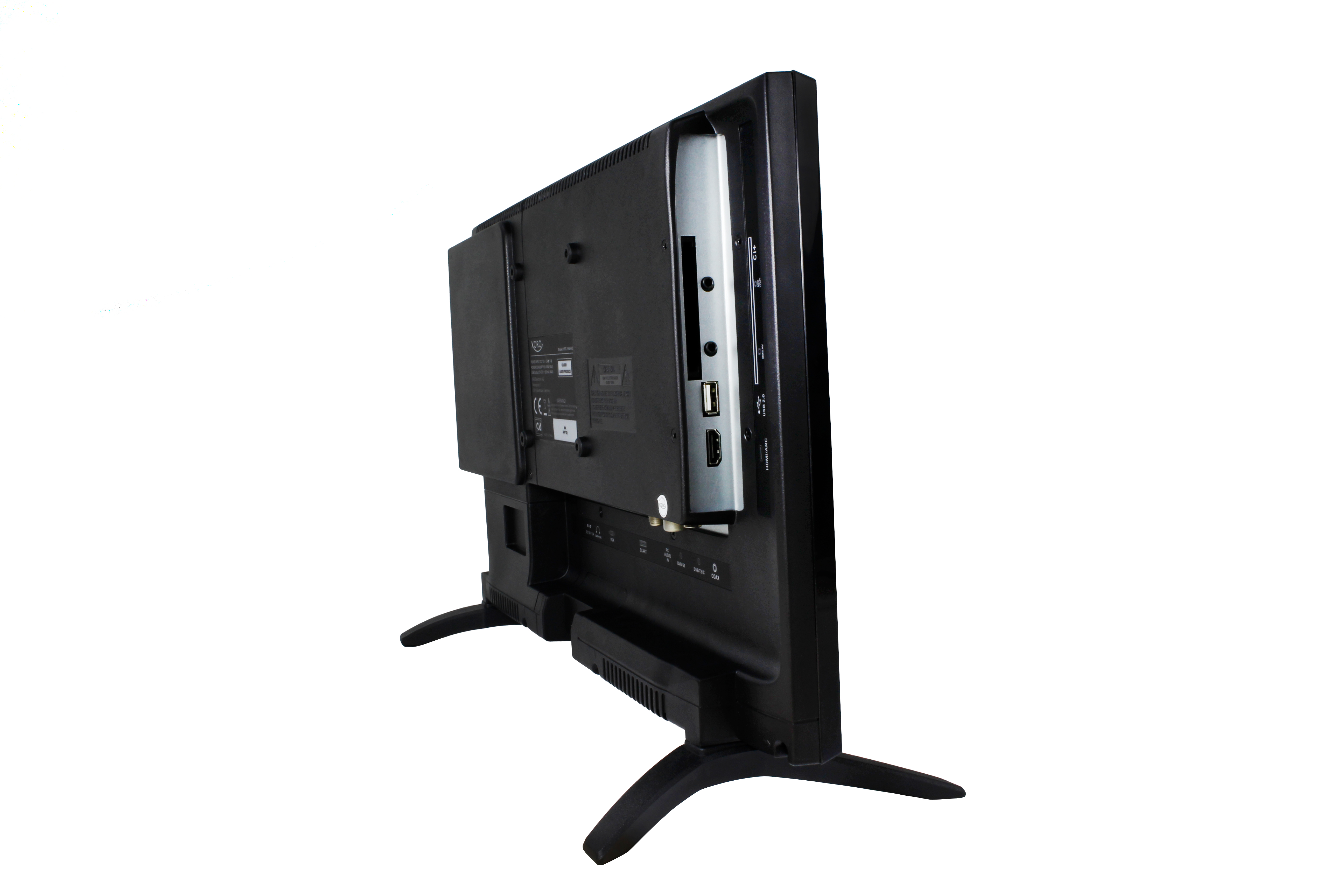 Rückseite eines schwarzen Fernsehers mit Anschlüssen und Ständer.