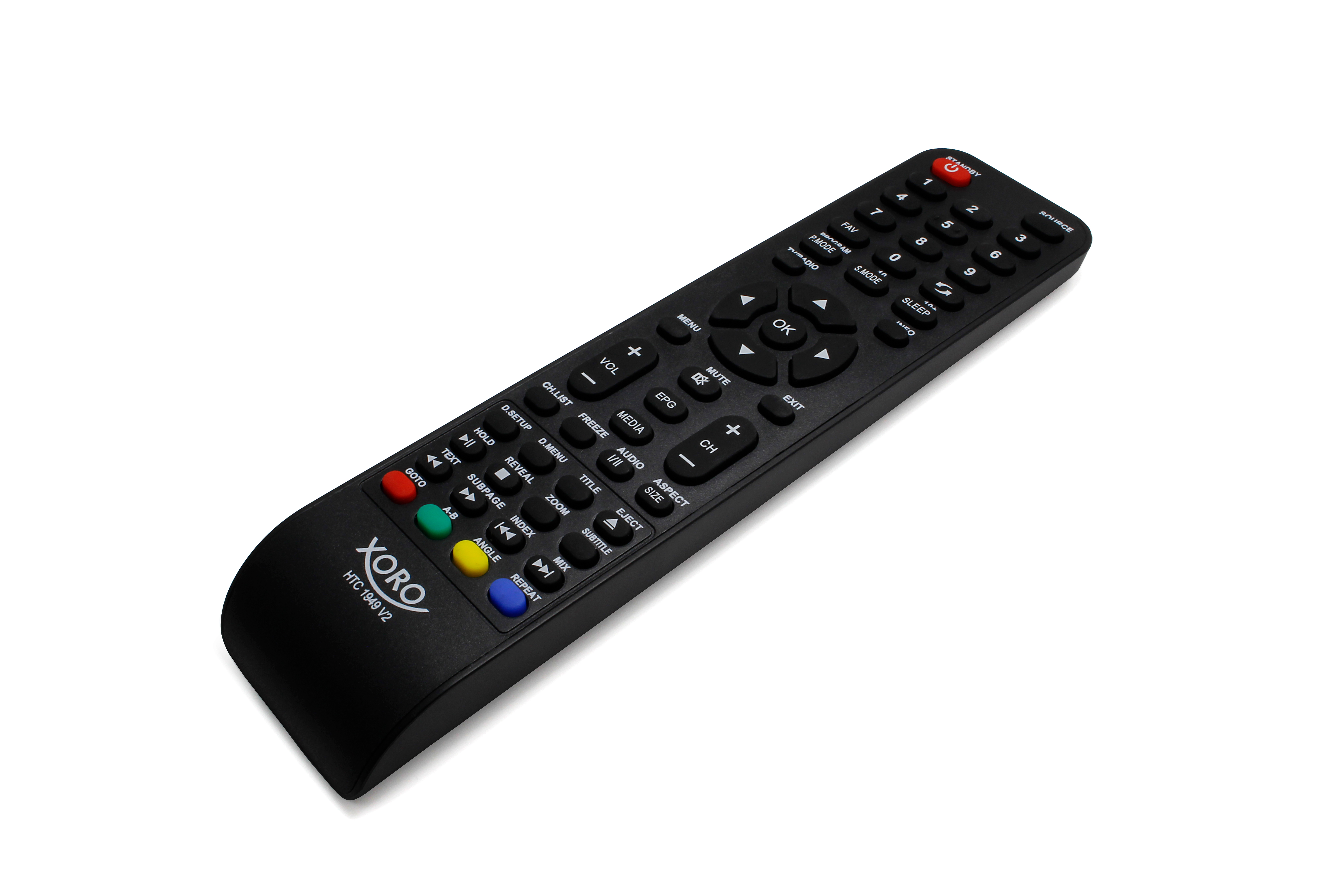 Schwarze TV-Fernbedienung mit nummerierten Tasten, Navigationstasten und Farbtasten.