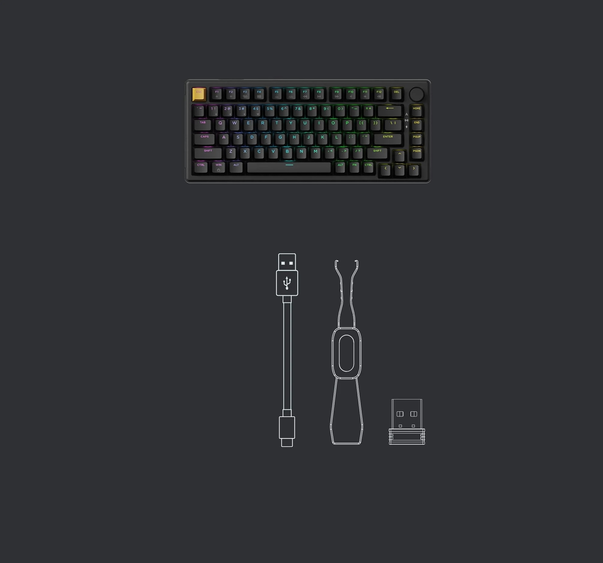 Czarna klawiatura mechaniczna z podświetleniem RGB, kablem USB, ściągaczem klawiszy i odbiornikiem USB.