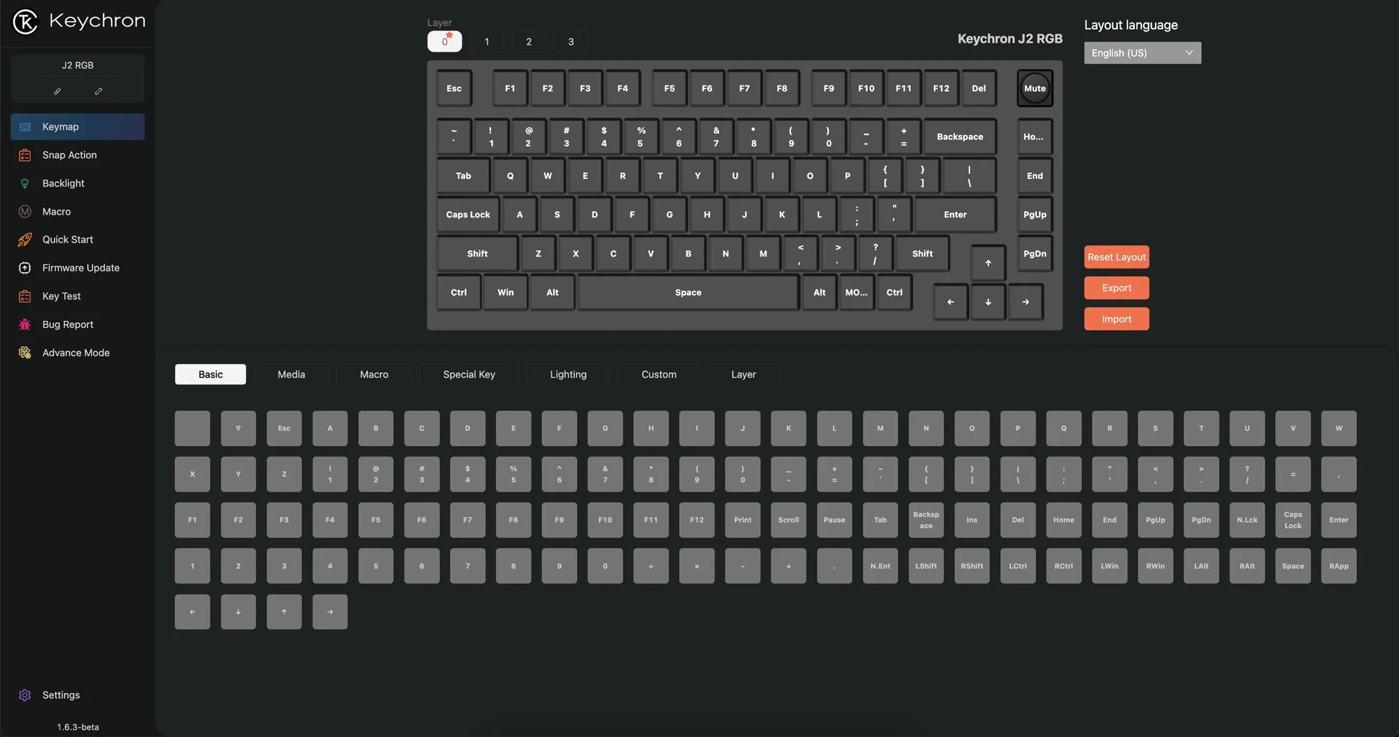 Oprogramowanie Keychron J2 RGB: Konfiguracja układu klawiatury z mapowaniem klawiszy.
