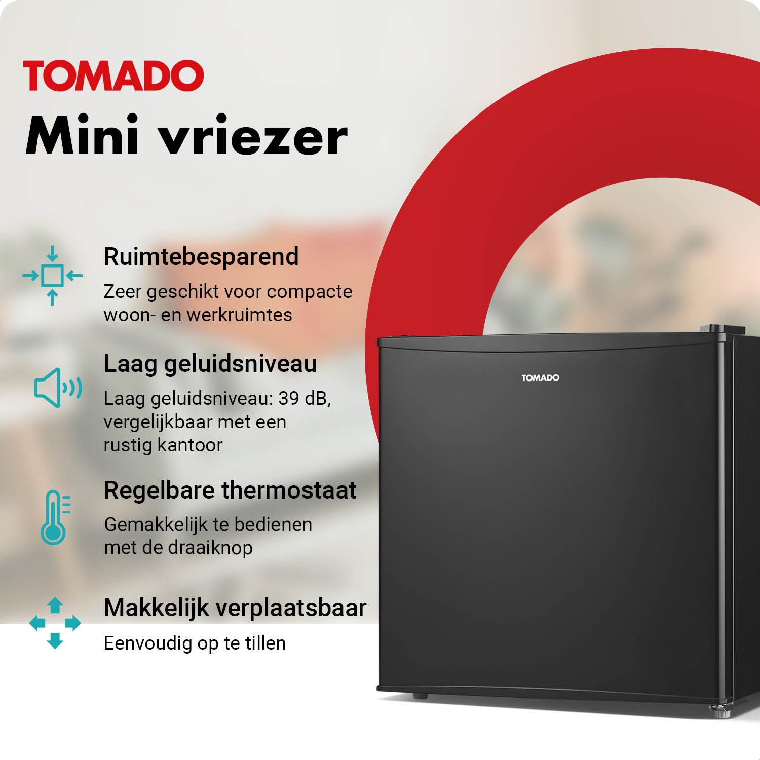Ein schwarzer TOMADO Mini-Gefrierschrank mit Text. Kompakt und leise.