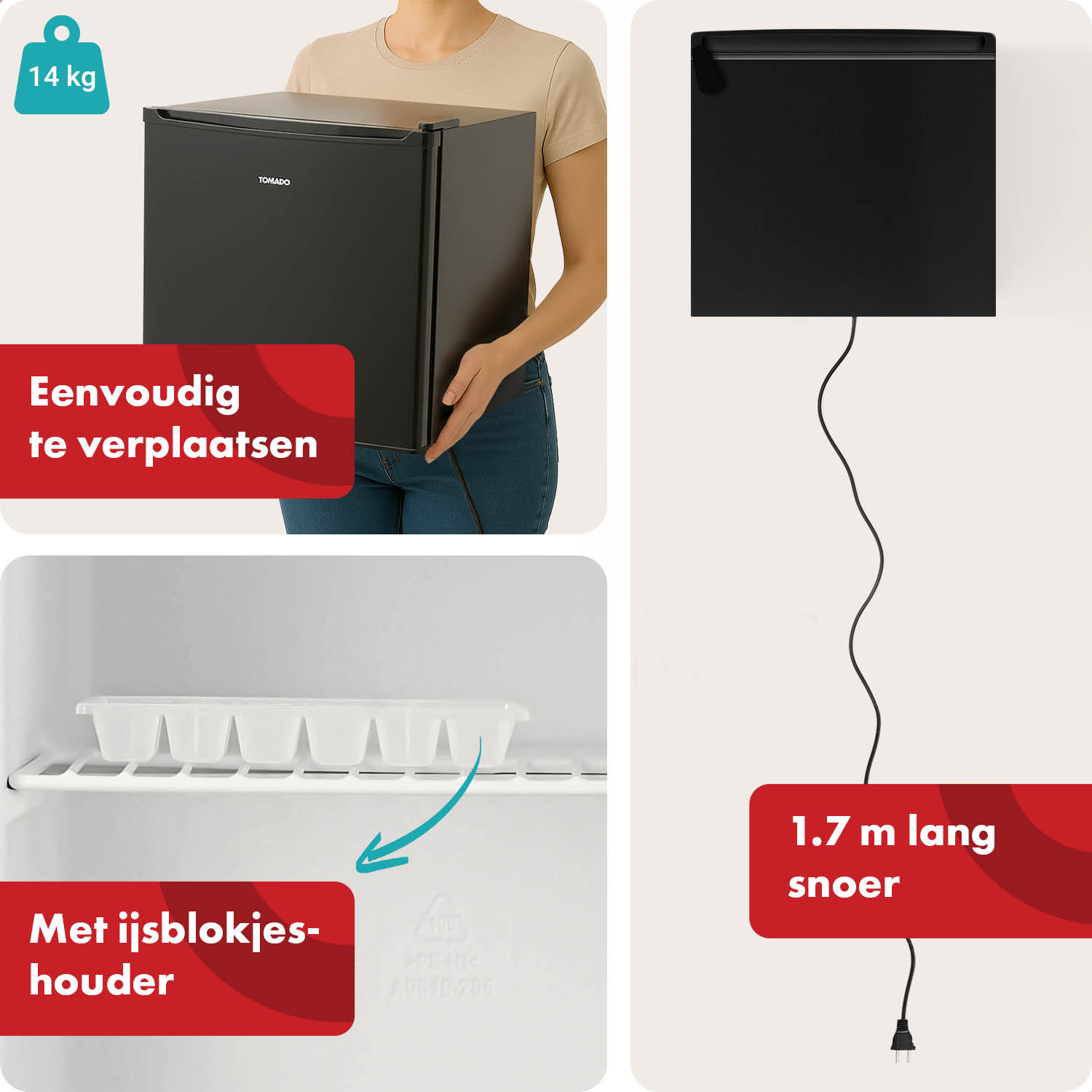 Schwarzer Mini-Kühlschrank mit Eiswürfelschale und 1,7m langem Kabel.