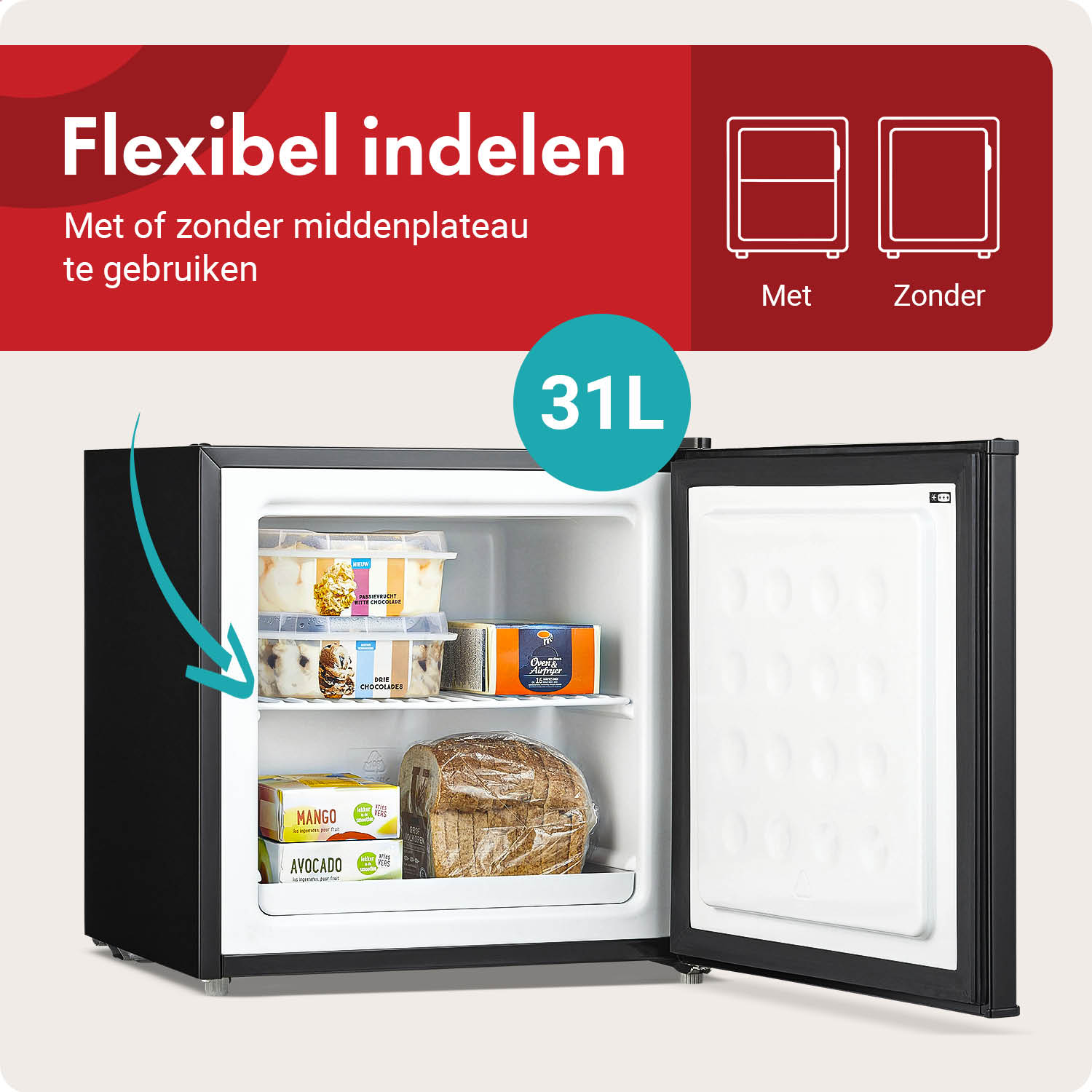 Ein offener schwarzer 31L Kühlschrank mit Lebensmitteln wie Brot und Eis.