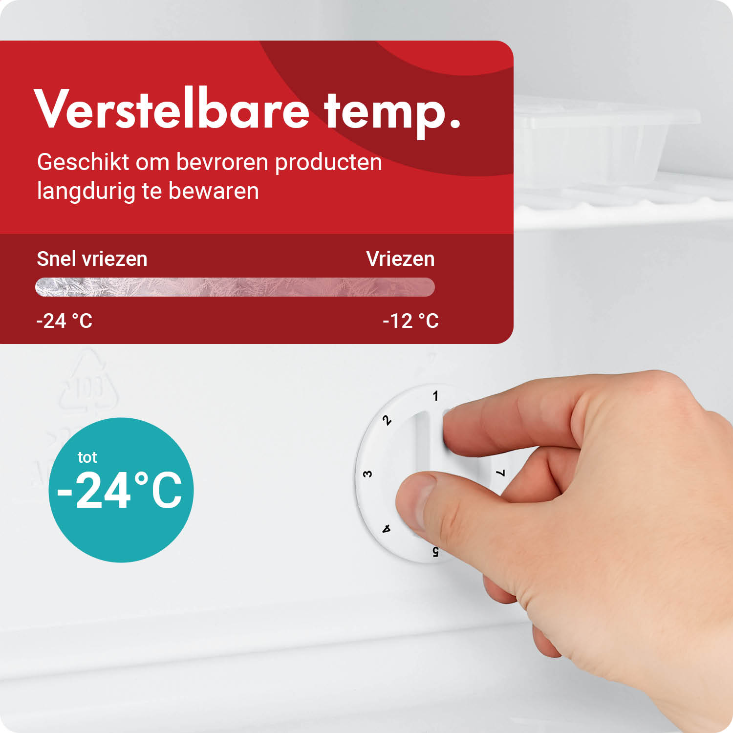 Einstellbare Temperaturanzeige mit einem Drehknopf und einer Anzeige von -24°C.