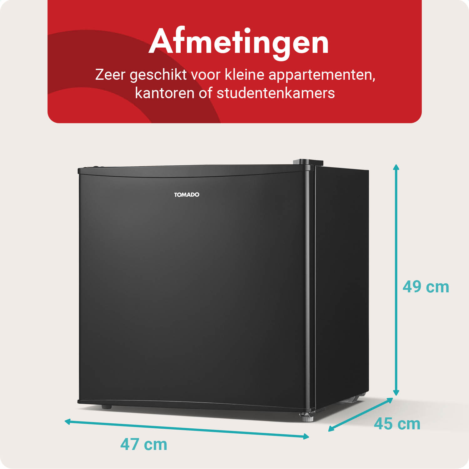 Schwarzer Kühlschrank mit Maßangaben: 47cm Breite, 45cm Tiefe, 49cm Höhe.