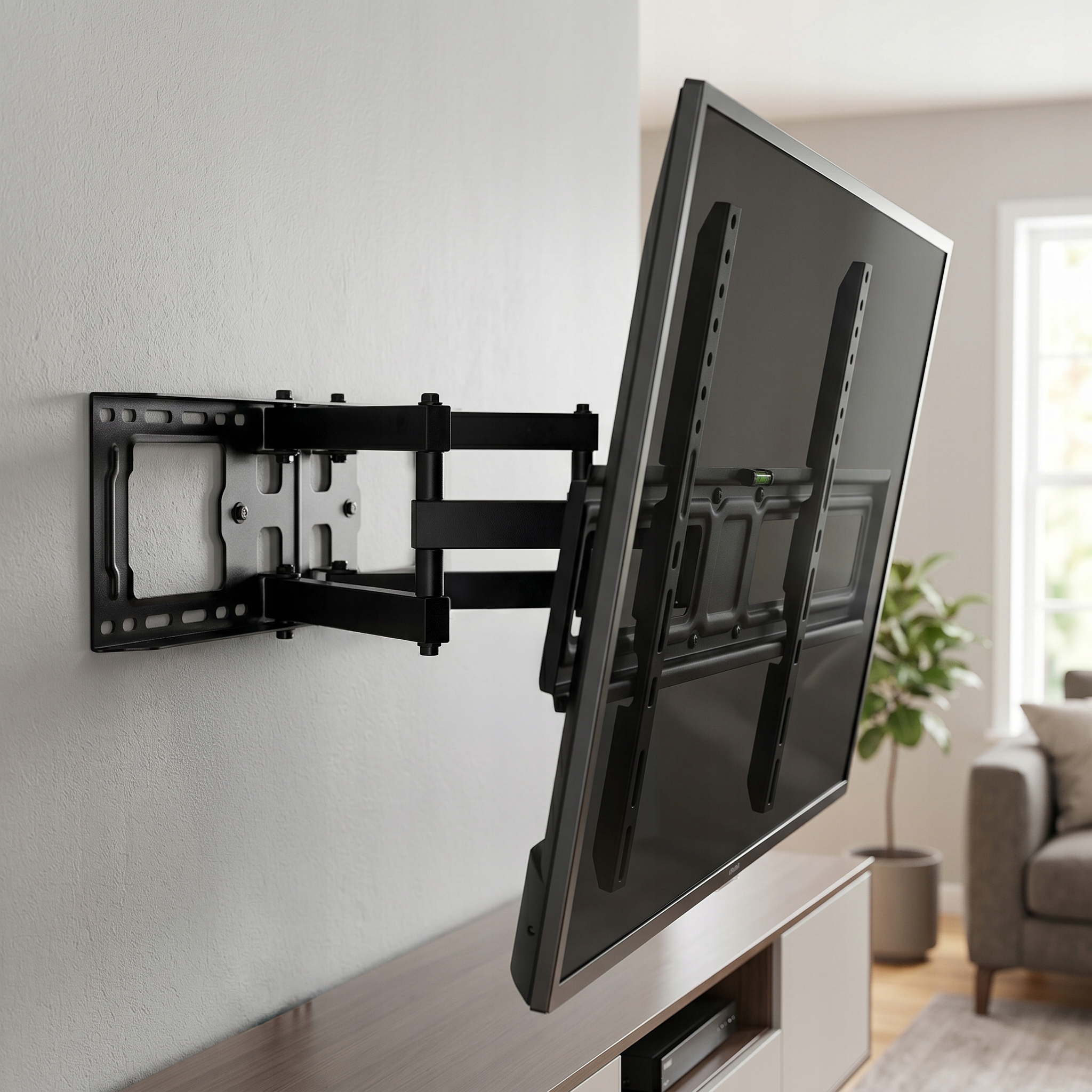 Schwarze TV-Wandhalterung mit ausziehbarem Arm, montiert an weißer Wand über einem Schrank.