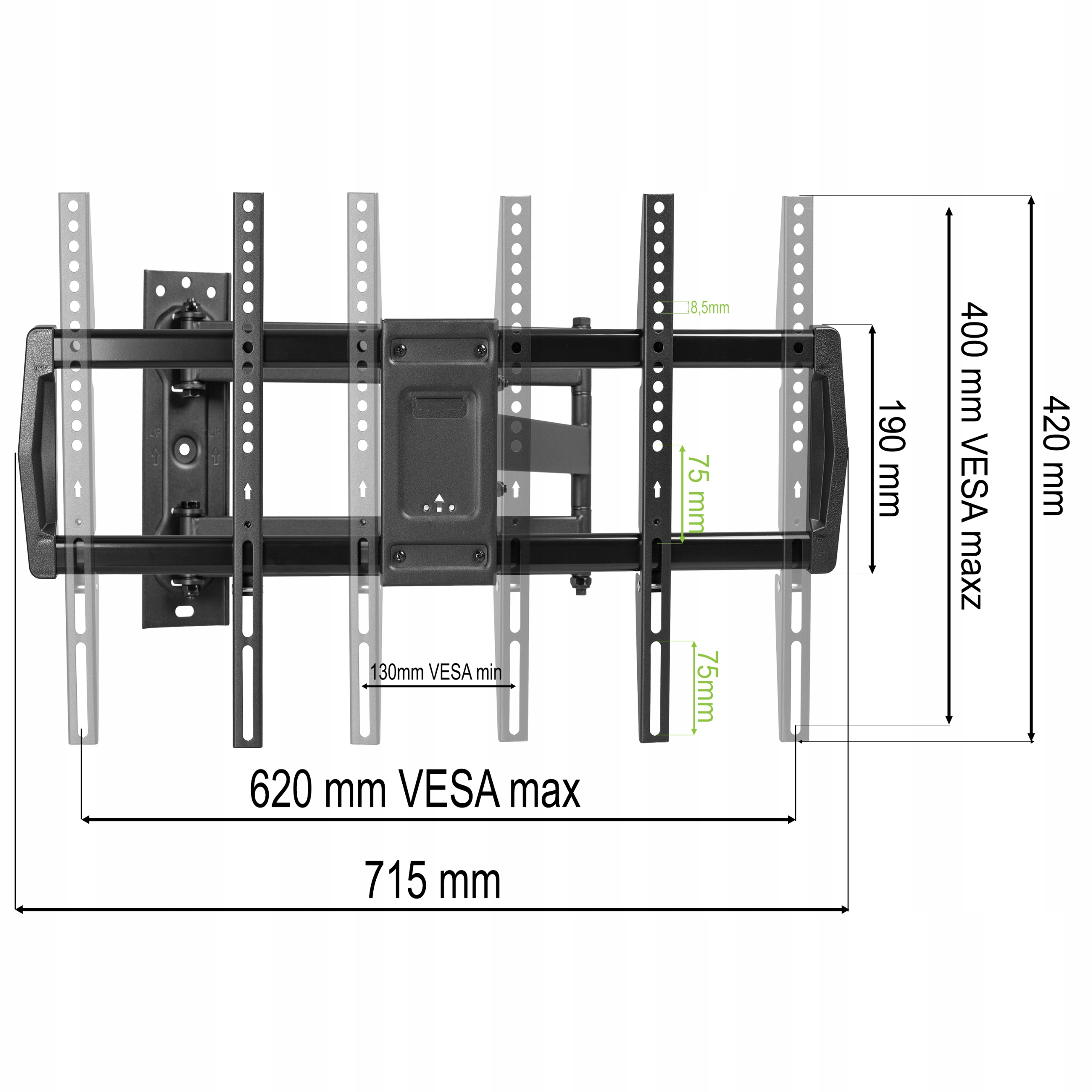 Schwarze TV-Wandhalterung mit Maßen: 620mm max, 715mm gesamt, 130mm min.