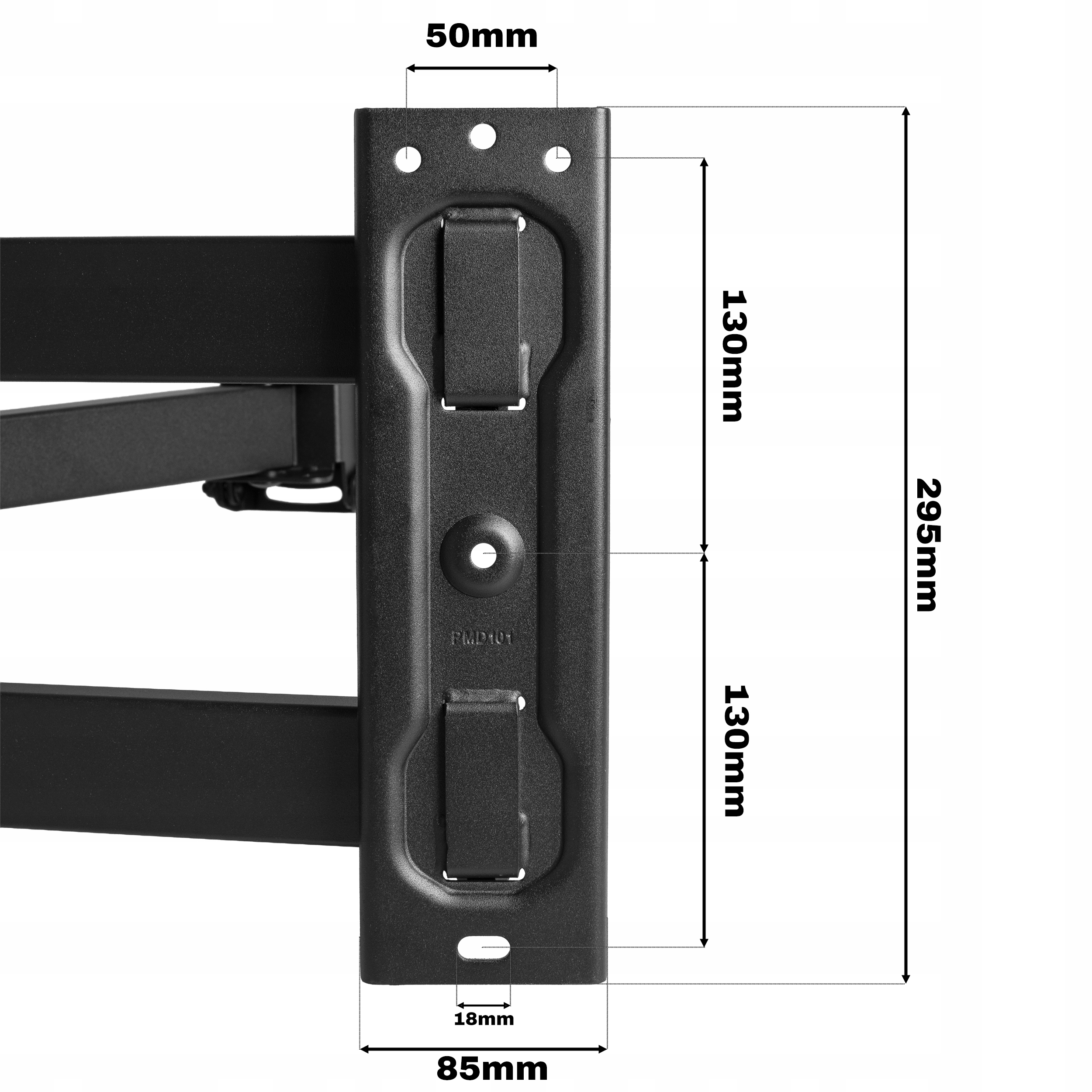 Schwarze Wandhalterung mit Maßen 50mm, 85mm, 130mm, 295mm und 18mm.