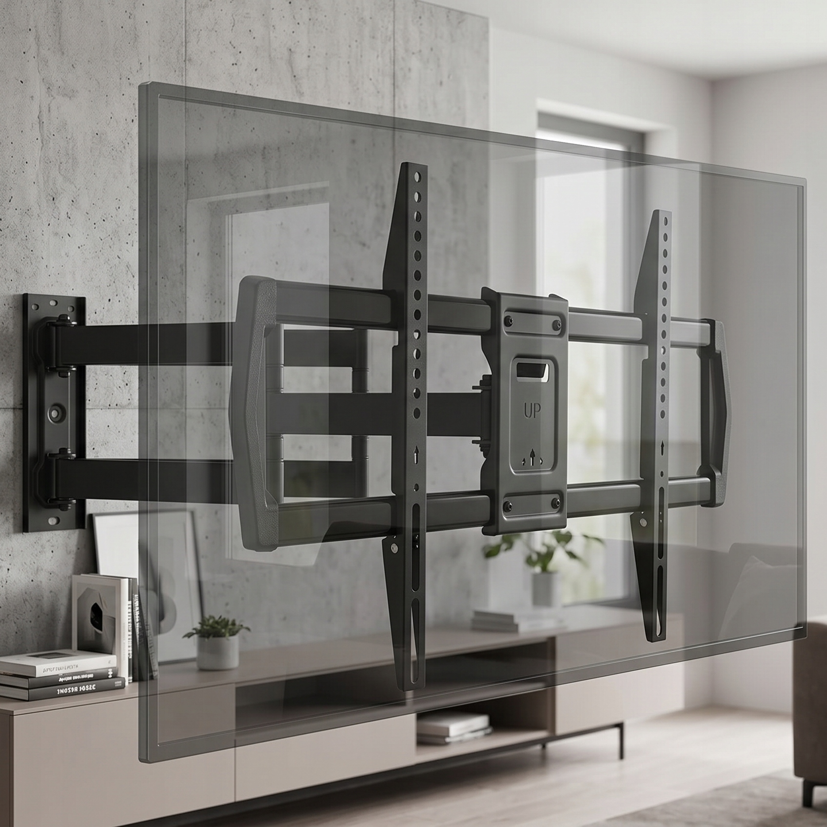 Schwarze TV-Wandhalterung mit ausziehbarem Arm an Betonwand, davor ein Lowboard.