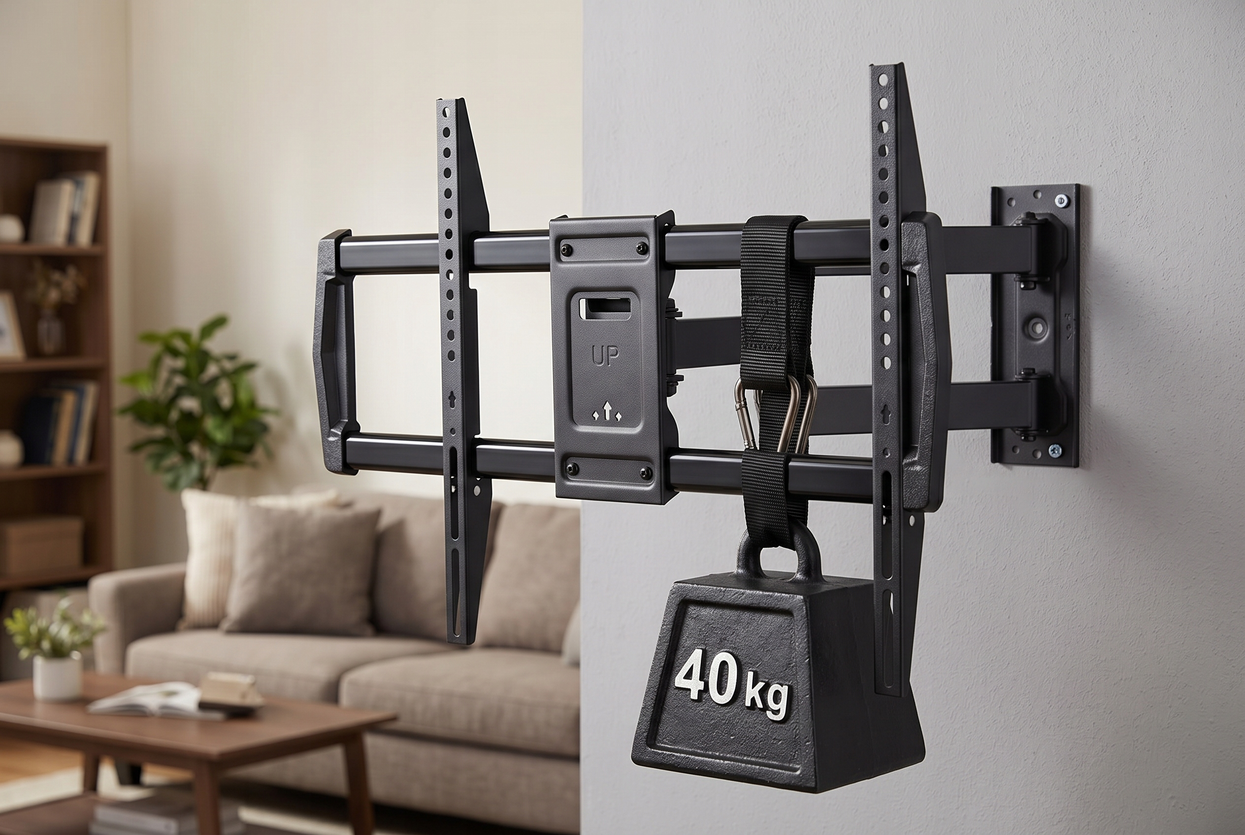 Schwarze TV-Wandhalterung testet 40kg Gewicht, mit Sofa im Hintergrund.