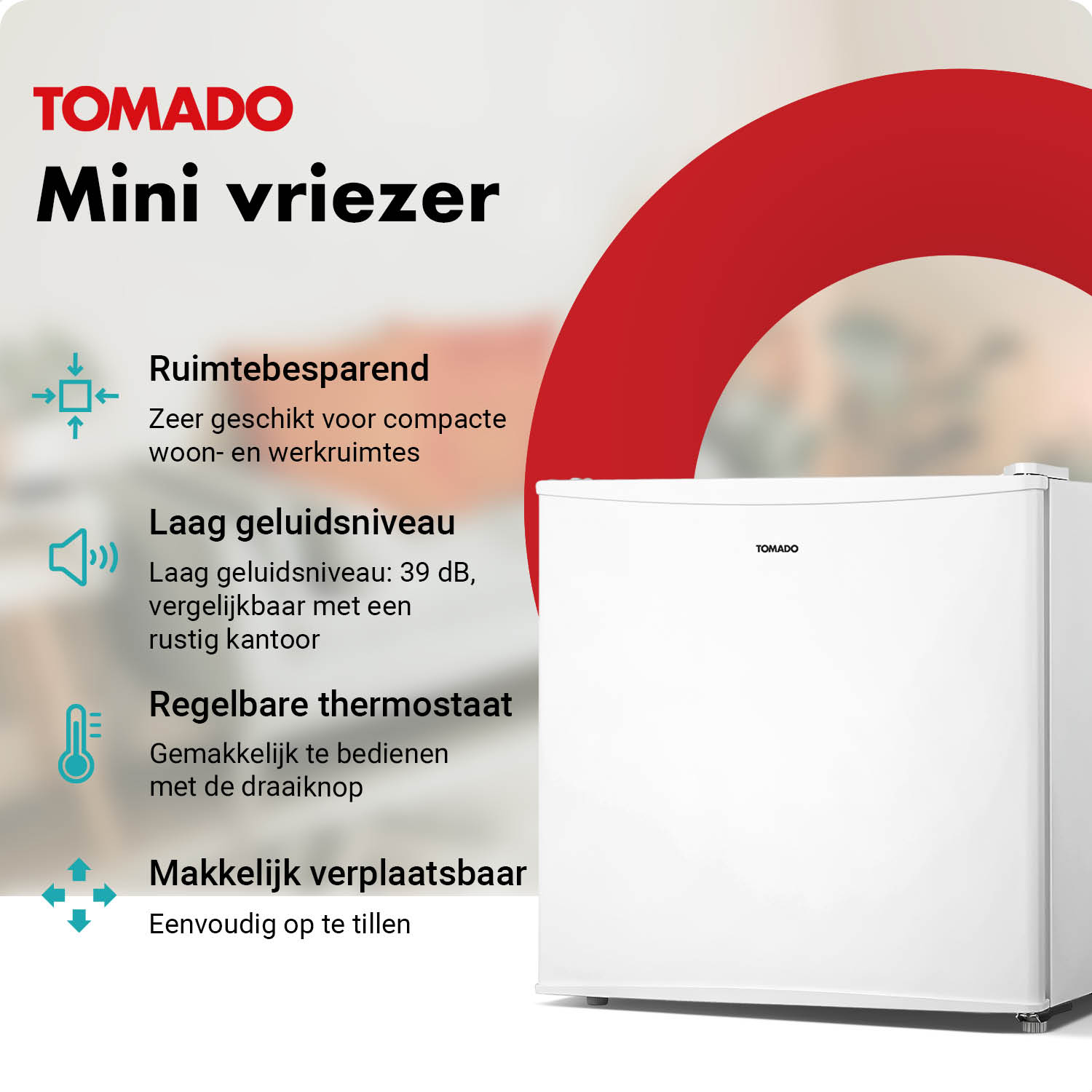 Ein weißer TOMADO Mini-Gefrierschrank mit Textinformationen über seine Vorteile.