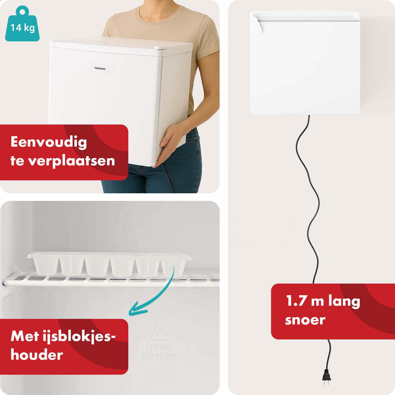 Ein weißer Kühlschrank mit 14 kg Gewicht, Eiswürfelbehälter und 1,7 m langem Kabel.