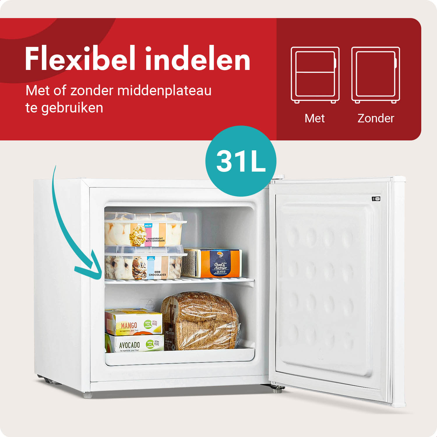 Ein kleiner weizer Khlschrank mit Lebensmitteln und der Aufschrift 31L.