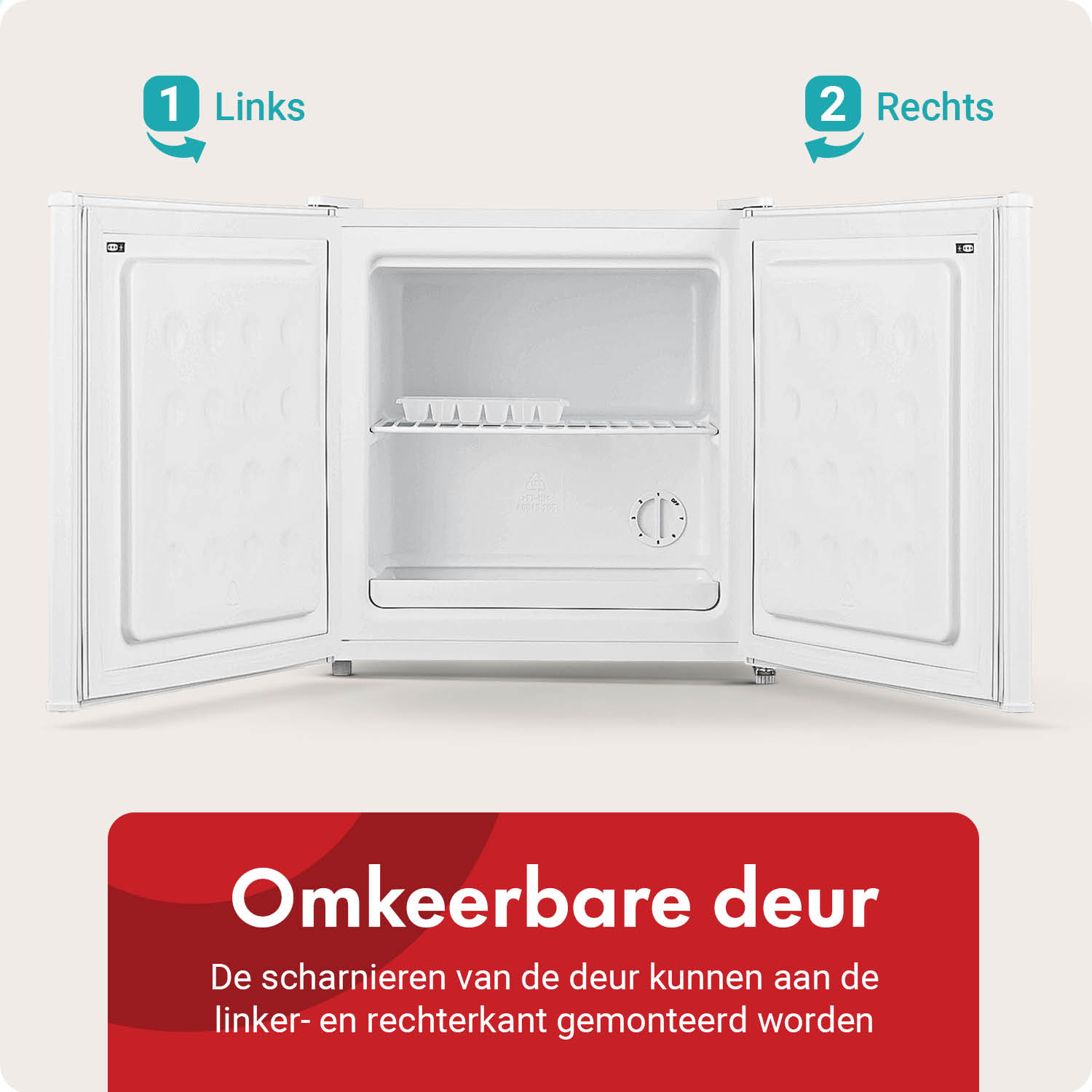 Ein weißer Kühlschrank mit geöffneten Türen, zeigt Scharniere für Links/Rechts.