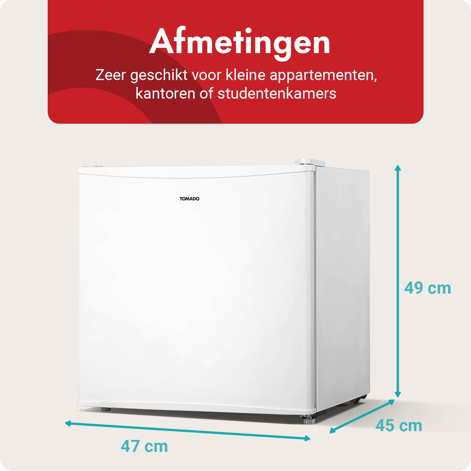 Weißer Mini-Kühlschrank mit Maßen 47x45x49 cm, ideal für kleine Räume.