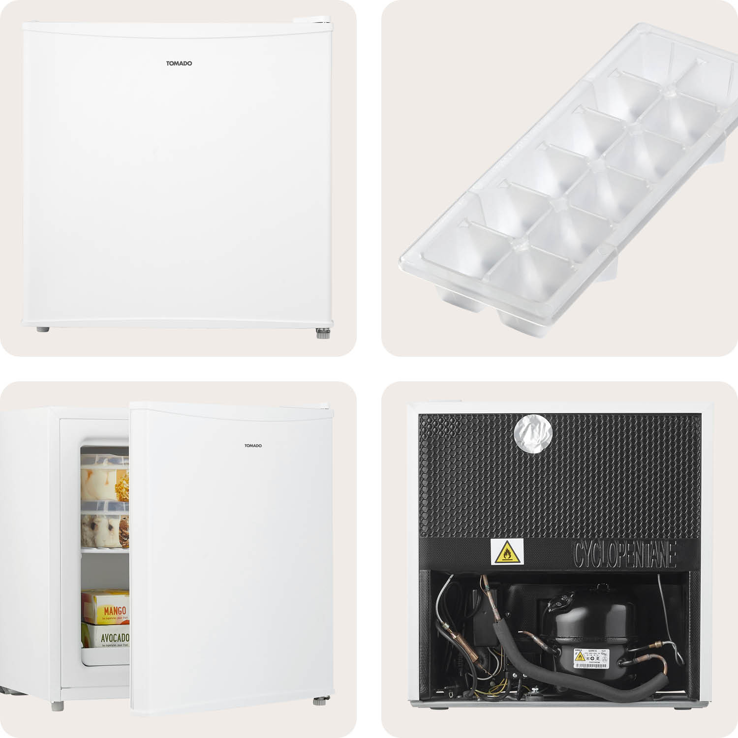 Ein weißer Kühlschrank, offen mit Lebensmitteln, Eiswürfelform und Rückseite mit Motor.