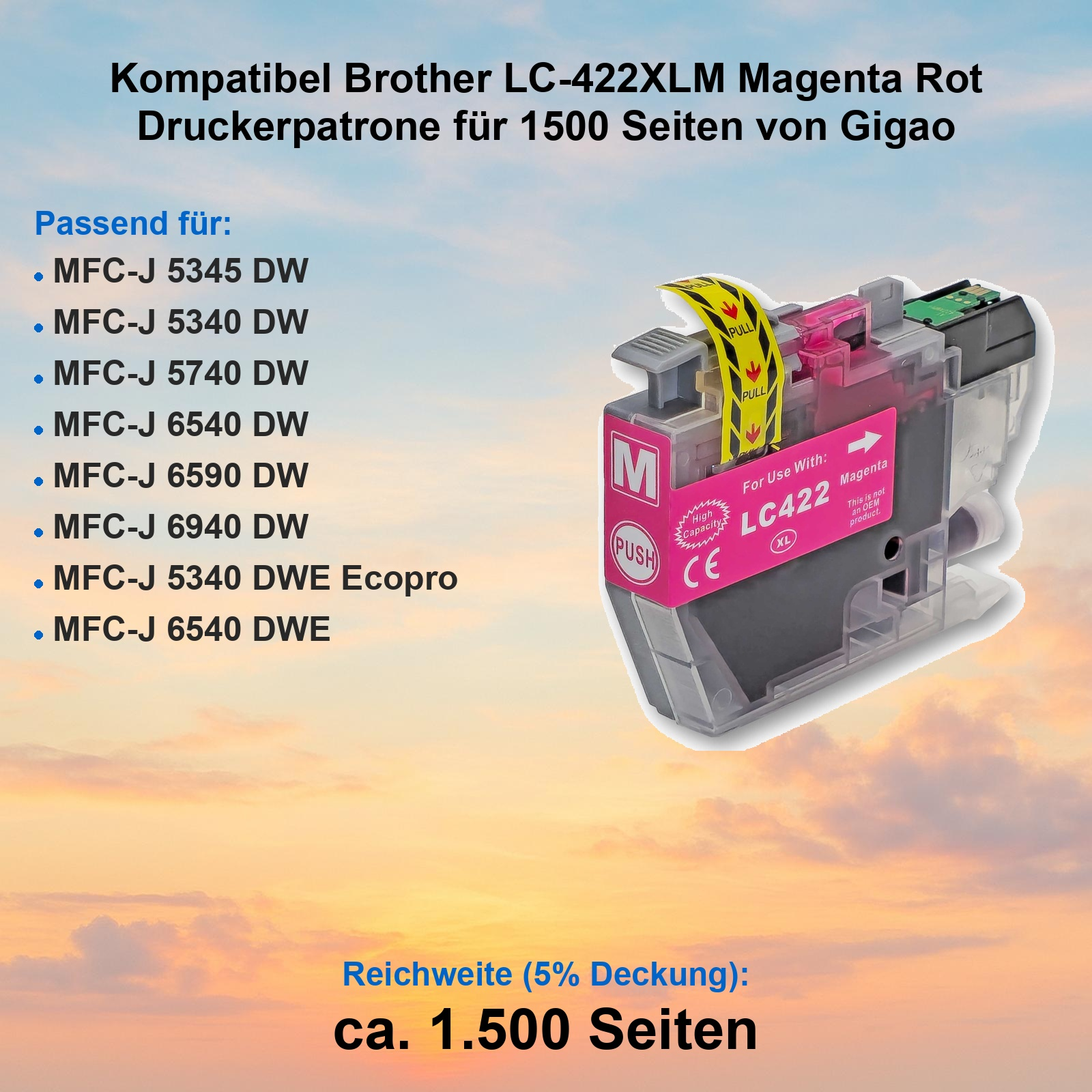 Magenta Druckerpatrone LC-422XLM für Brother Drucker, mit Zuglasche.