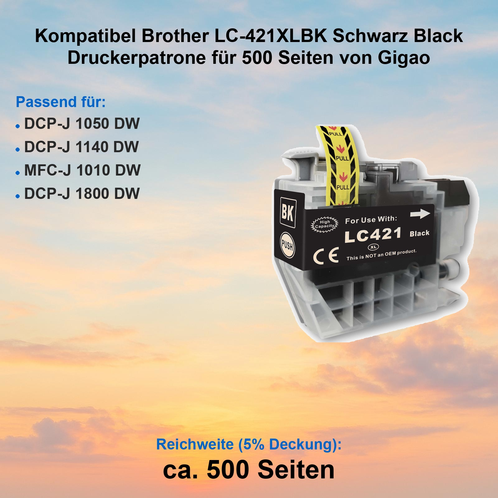 Ein schwarzer Brother LC-421XLBK Tintenstrahldruckerpatrone mit "Pull"- und "Push"-Aufklebern.