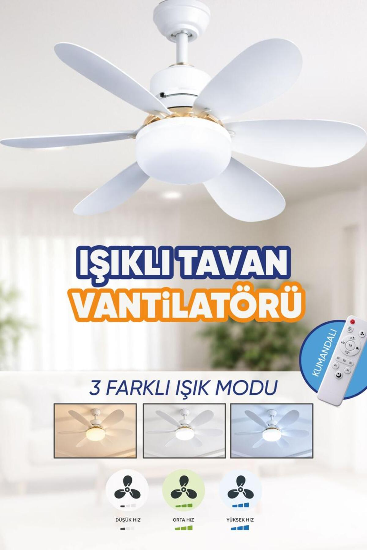 Uzaktan kumandalı, 3 ışık modlu beyaz tavan vantilatörü.