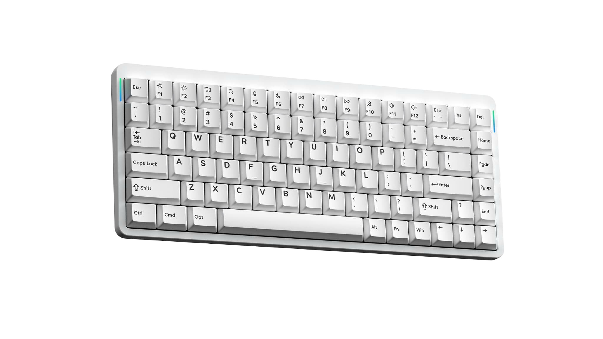 Biała klawiatura mechaniczna z podświetleniem RGB po bokach, na białym tle.