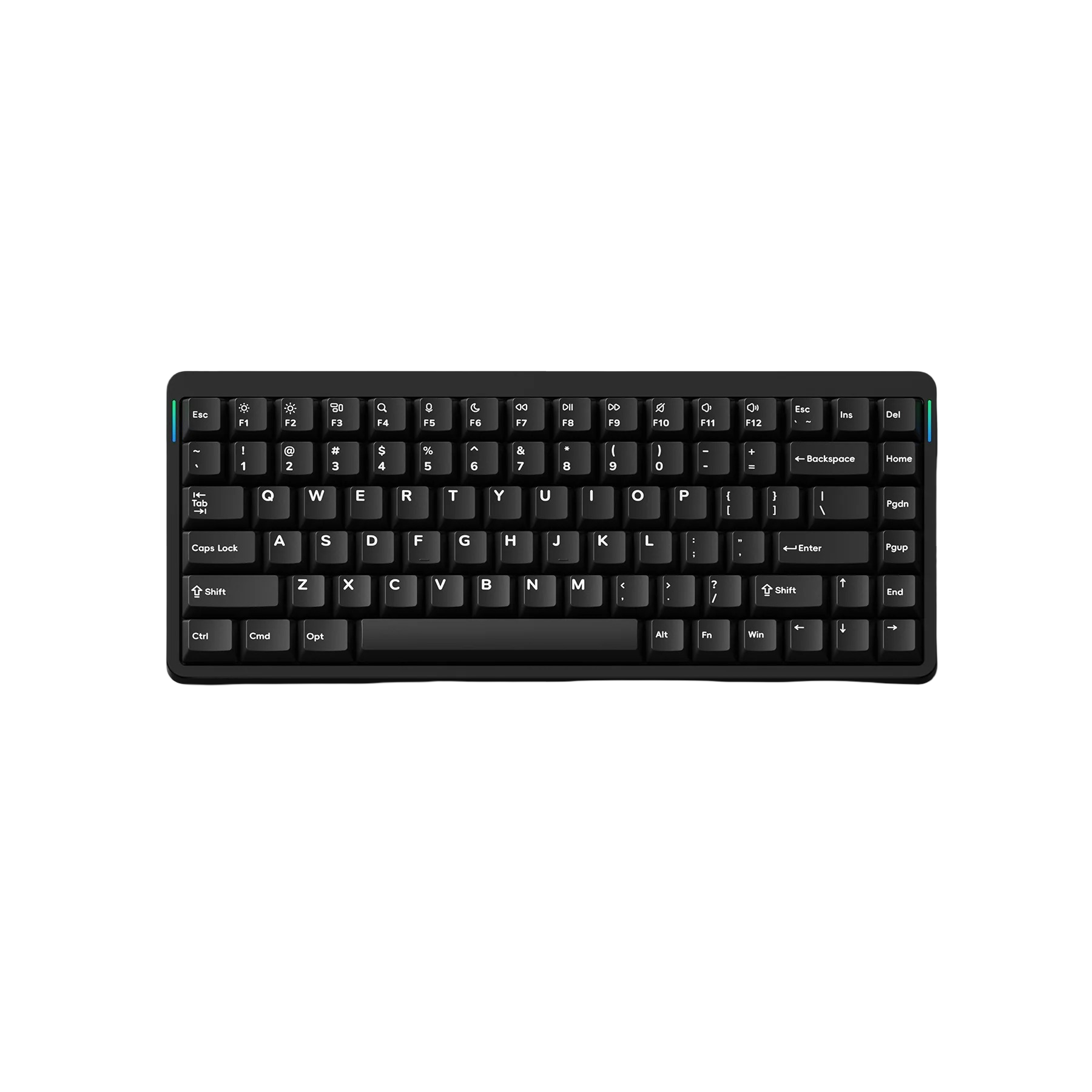 Czarna klawiatura mechaniczna z oświetleniem RGB z boku i białymi klawiszami.